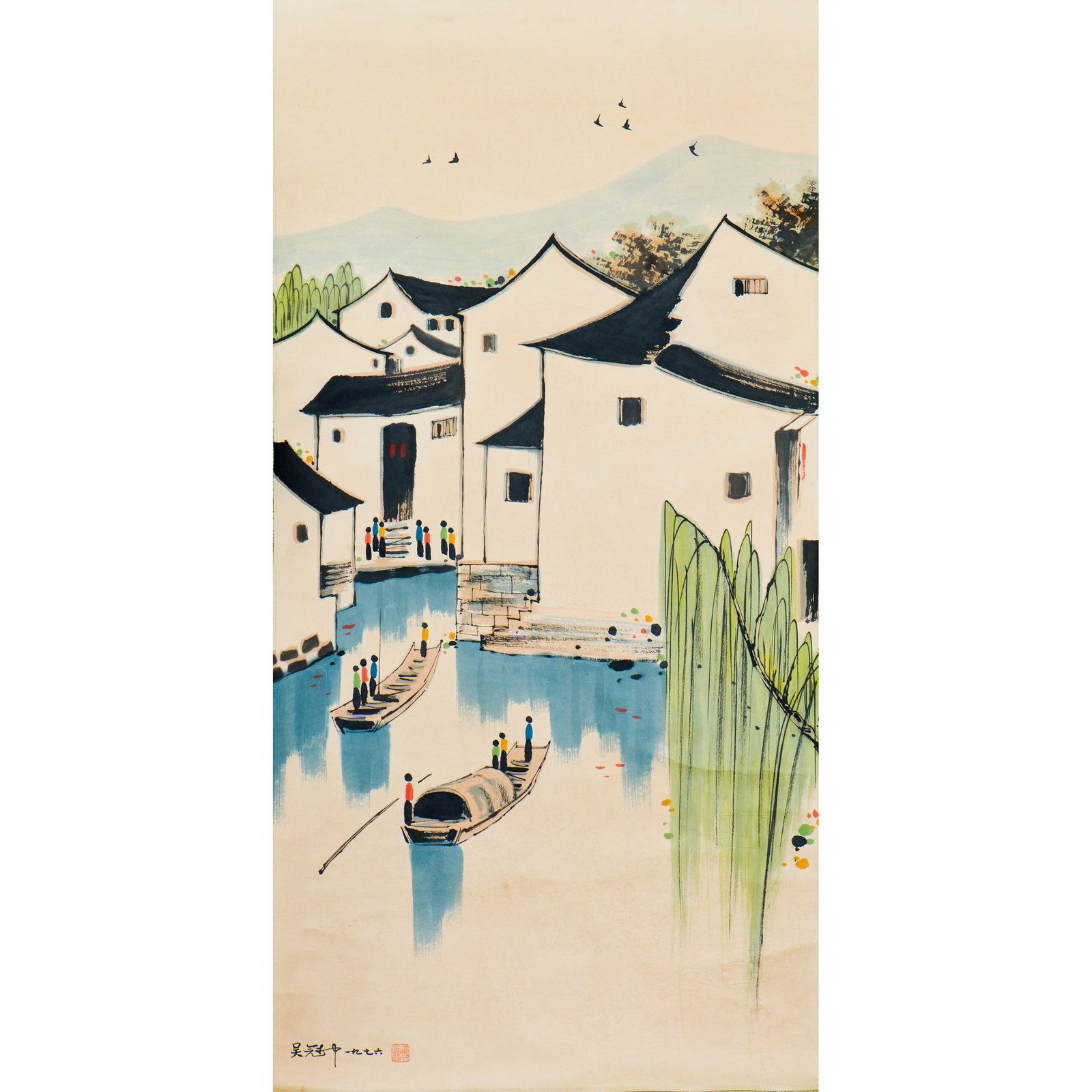 WU GUANZHONG (1919-2010), AFTER, CHINESE PAINTING SCROLL OF RIVERSIDE TOWN: After Wu Guanzhong (1919-2010), Chinese painting scroll of riverside town. Ink and color on paper, signed with a red seal. Image: 52.5"h x 26.5"w (133 x 67 cm)