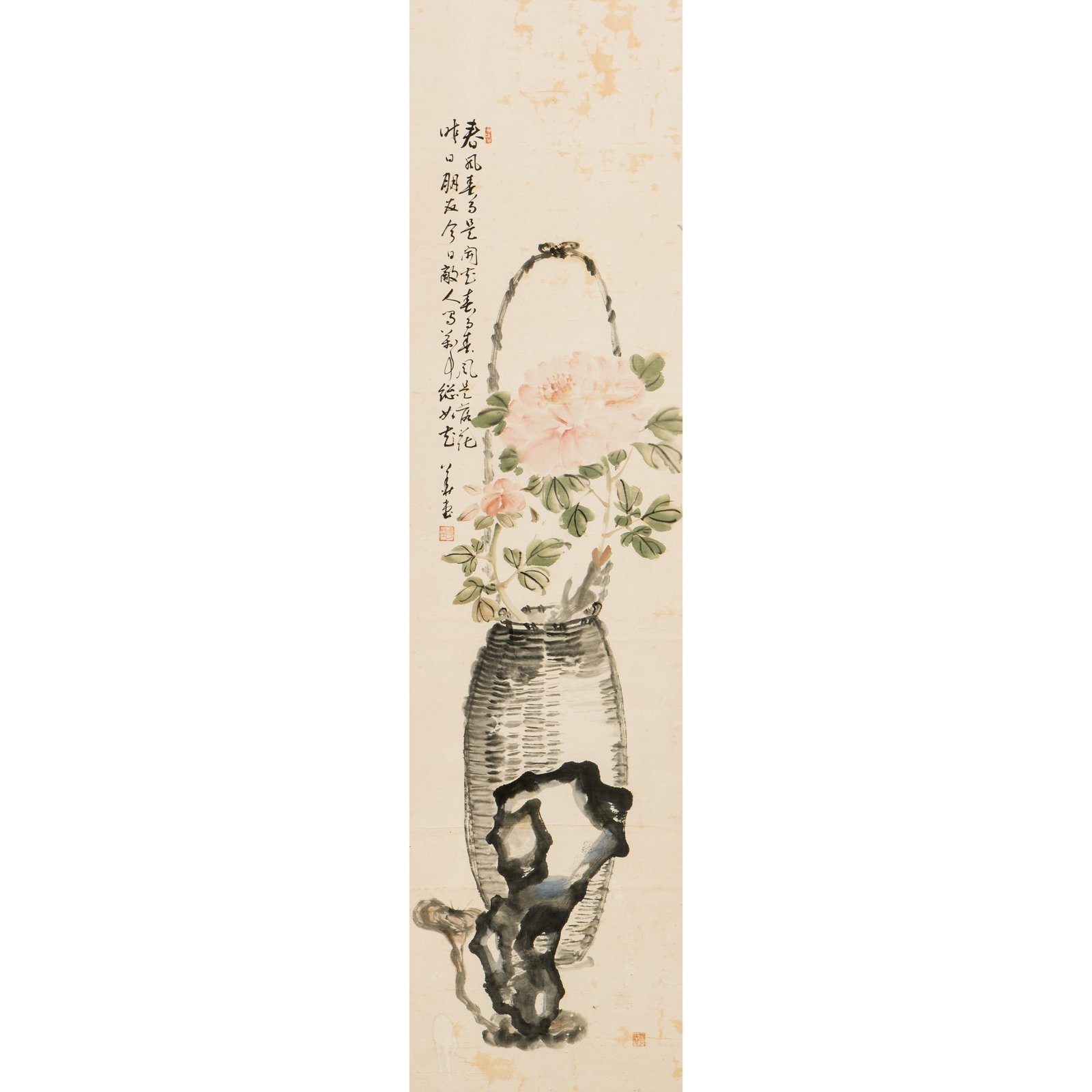 ANONYMOUS (19TH CENTURY), CHINESE PAINTING OF PEONY: Anonymous (19th century), Chinese painting of peony. Ink and color on paper, framed. 53.94"h x 13.39"w (137 x 34 cm)