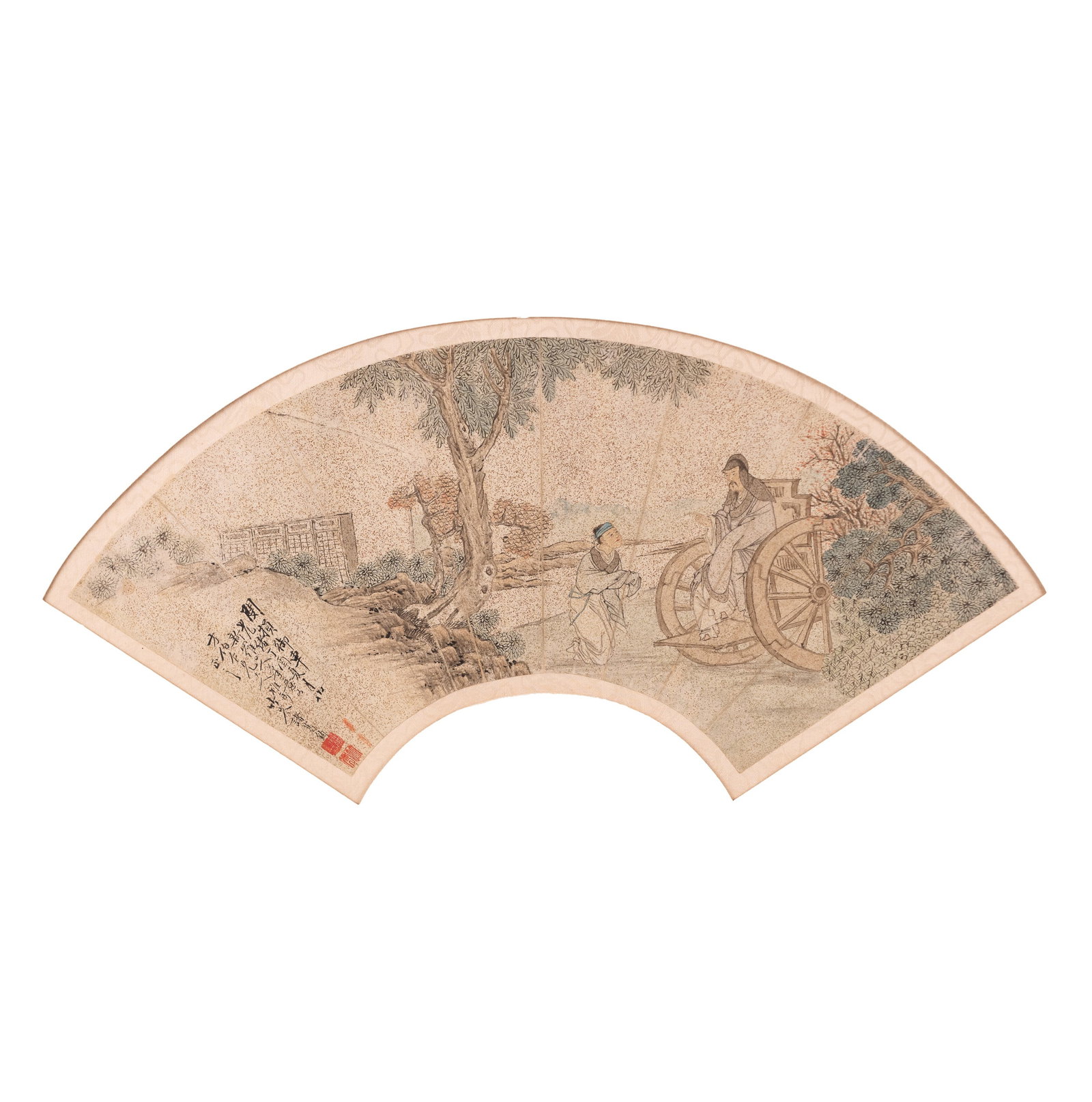 ZHUGE JUN (QING DYNASTY), CHINESE PAINTING OF FAN: Zhuge Jun (Qing dynasty), Chinese painting of fan. Ink and color on paper, mounted and framed. 9.45"h x 20.08"w (24 x 51 cm) Provenance: From the Gump's collection of Oriental Art.
