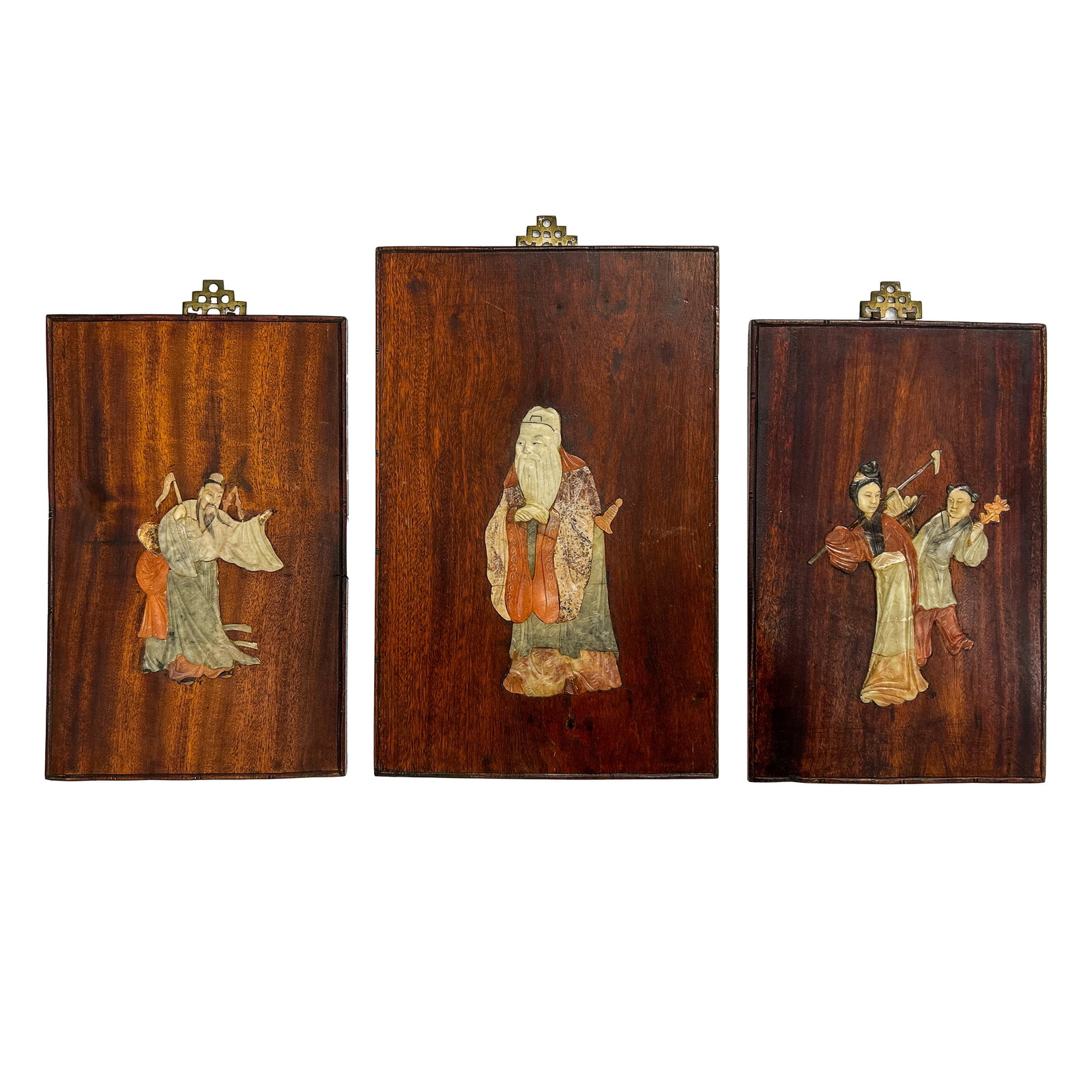 (LOT OF 3) SET OF CHINESE HARDWOOD WALL PANELS WITH HARDSTONE INLAYS: (lot of 3) Set of Chinese hardwood wall panels with hardstone inlays. 12.2"h x 7.87"w (31 x 20 cm) (x2); 13.98"h x 9.06"w (35.5 x 23 cm)