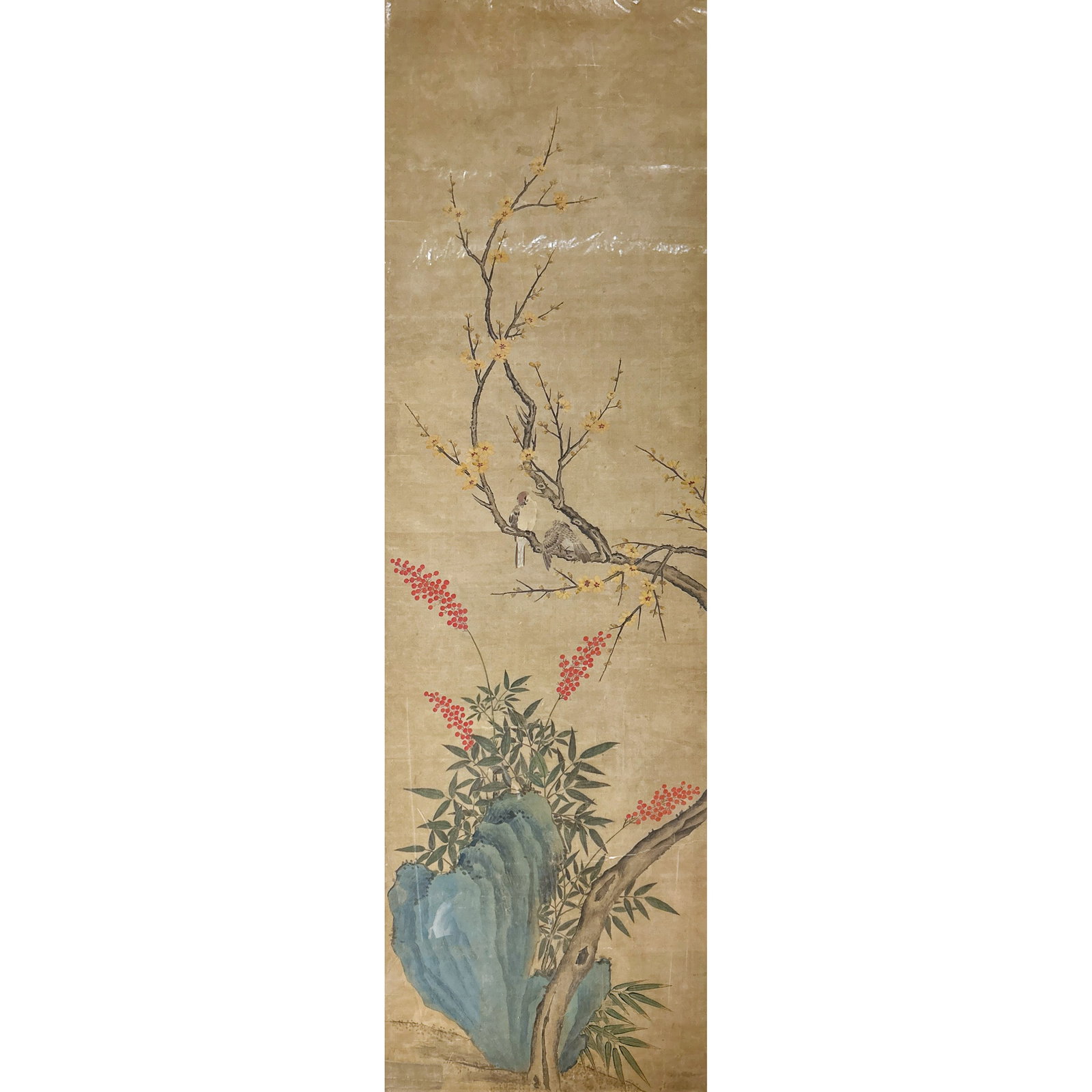 ANONYMOUS (QING DYNASTY), CHINESE PAINTING SCROLL OF BIRD AND FLOWER: Anonymous (Qing dynasty), Chinese painting scroll of bird and flower. Image: 62.2"h x 18.9"w (158 x 48 cm)