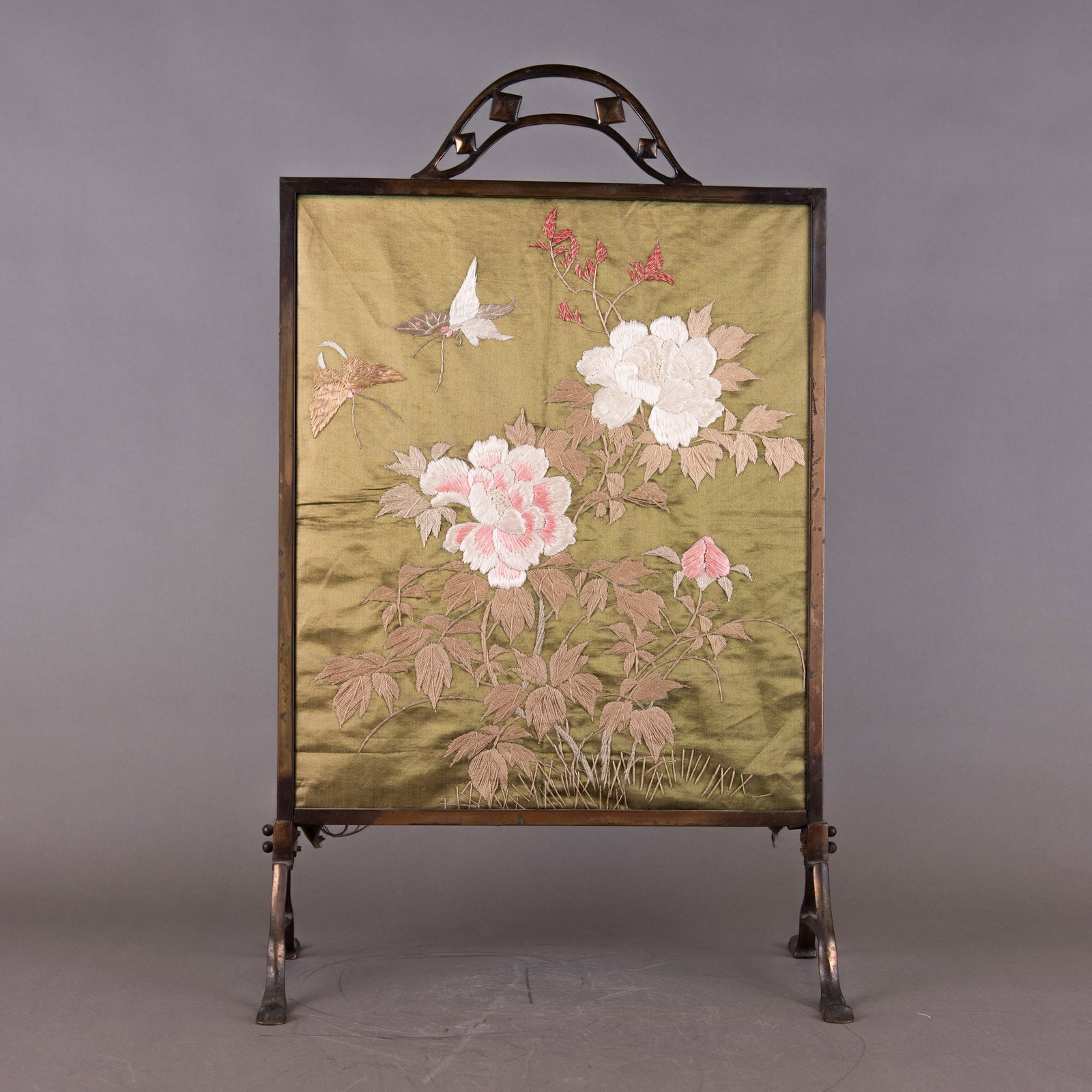 CHINESE EMBROIDERY OF 'PEONY AND BUTTERFLY' WITH FRAME: Chinese embroidery of 'peony and butterfly,' worked in colored threads depicting peony blooms and butterflies, with a standing frame. 18.5"h x 15.75"w (47 x 40 cm) Provenance: Estate sale from Los Ang
