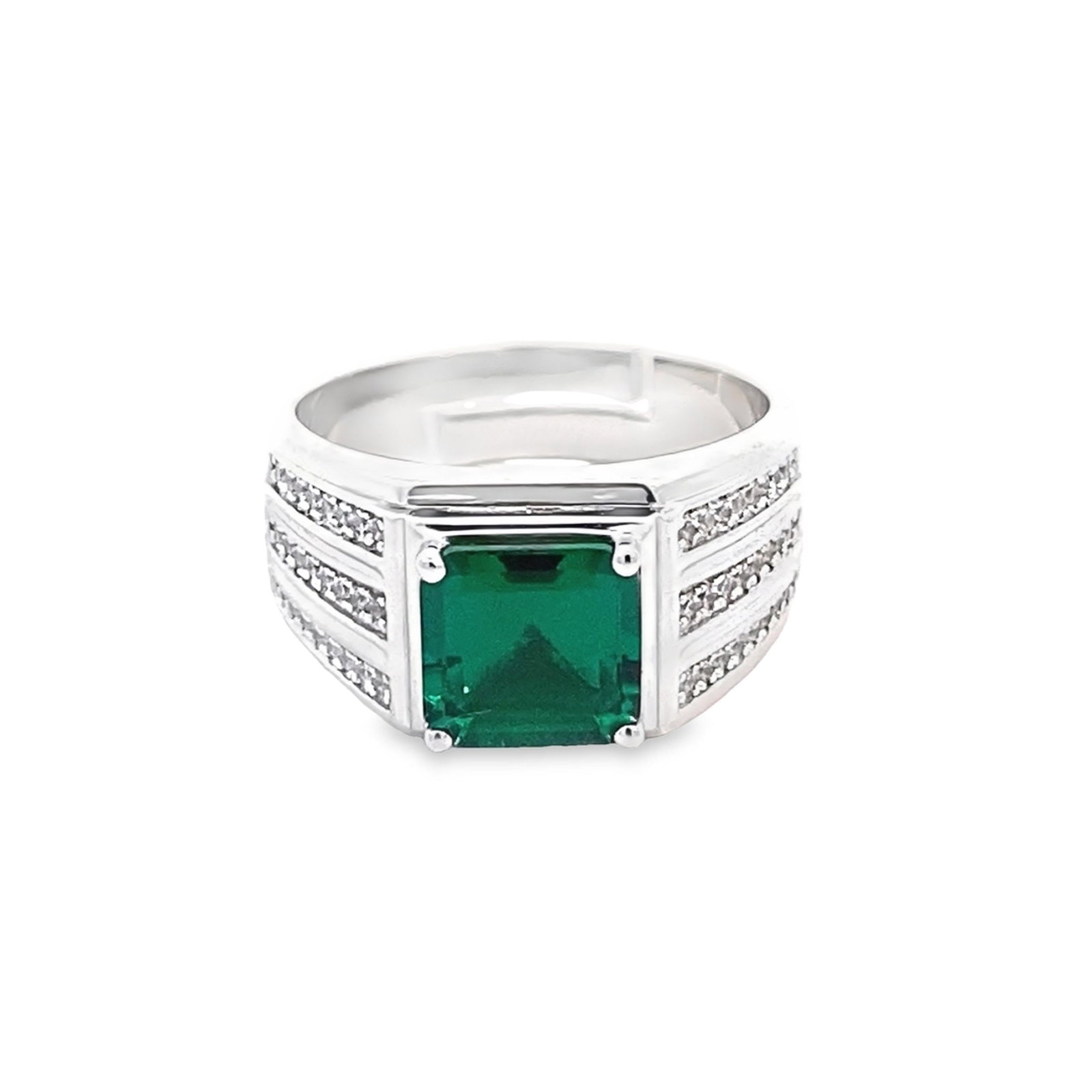 LAB EMERALD AND DIAMOND RING: Lab emerald and diamond ring. Size: 8.5 (adjustable)