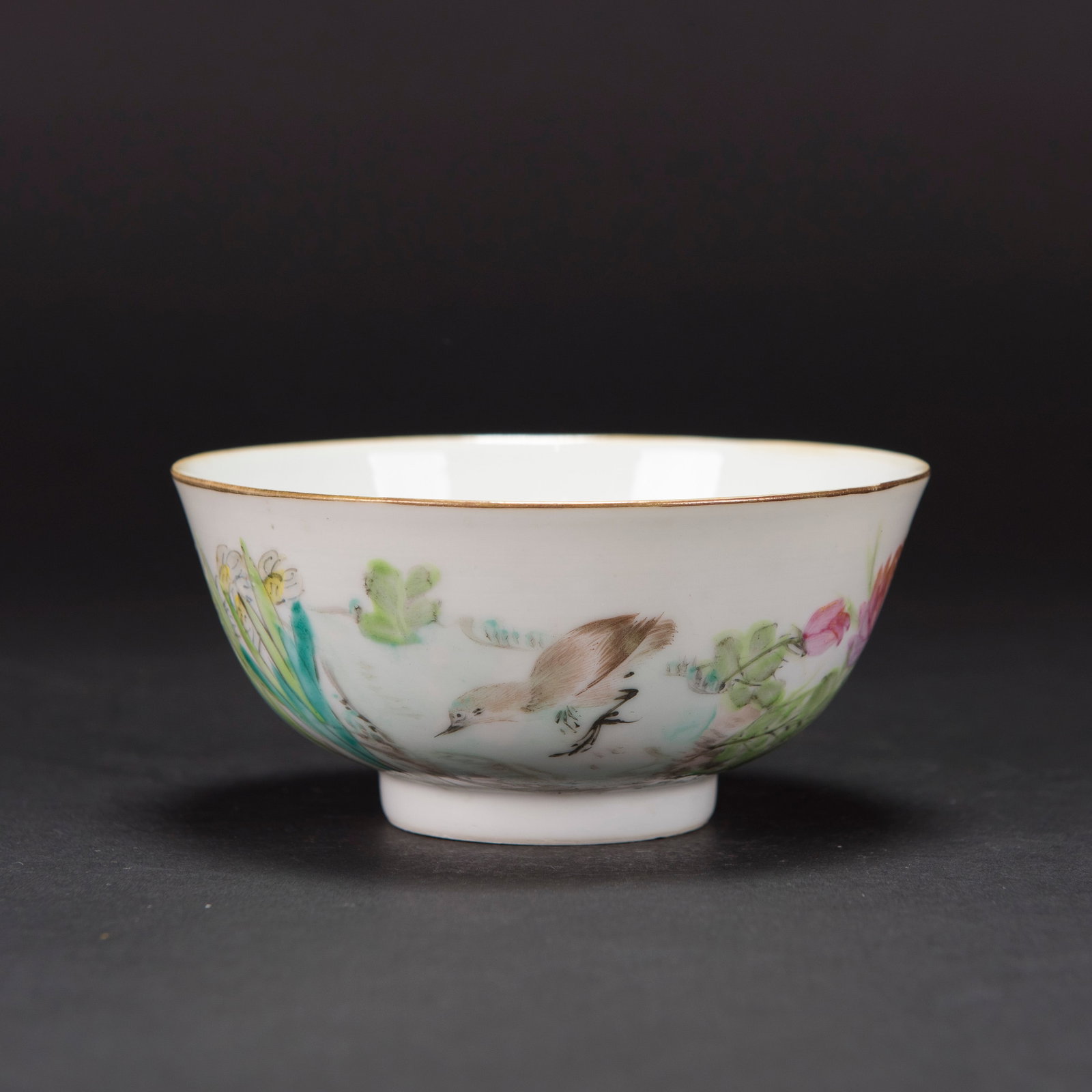 A QIANJIANG ENAMELED 'FLOWER AND BIRD' BOWL, REPUBLIC PERIOD: A Qianjiang enameled 'flower and bird' bowl, Republic period. 2.36"h x 5.31"d (6 x 13.5 cm) Provenance: Estate sale from Reno, NV.