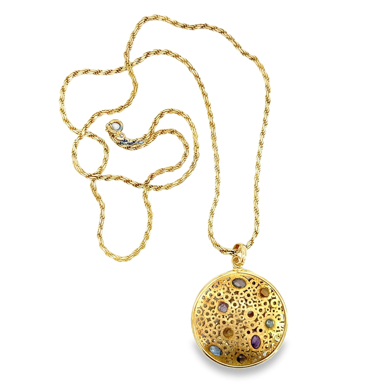 CELESTIAL LONG 14K NECKLACE ACCENTED WITH PRECIOUS STONES: Celestial long 14K necklace accented with precious stones symbolizing inner faith. Pendant: 1.38"d (3.5 cm) Necklace: 11.81"l (30 cm) (x2) Weight: 17.5 grams