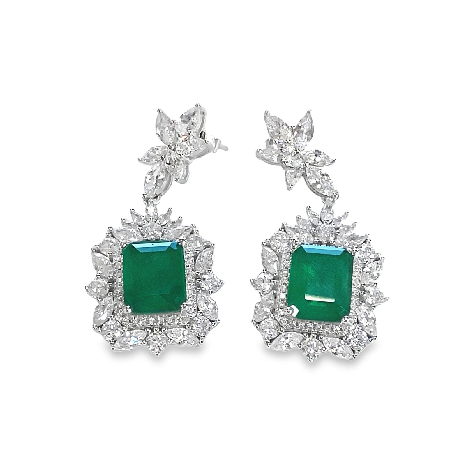 (LOT OF 2) PAIR OF LAB-GROWN EMERALD AND DIAMOND EARRINGS: (lot of 2) Pair of lab-grown emerald and diamond earrings. Main stone: 0.35 x 0.275 in (0.9 x 0.7 cm) (x2)