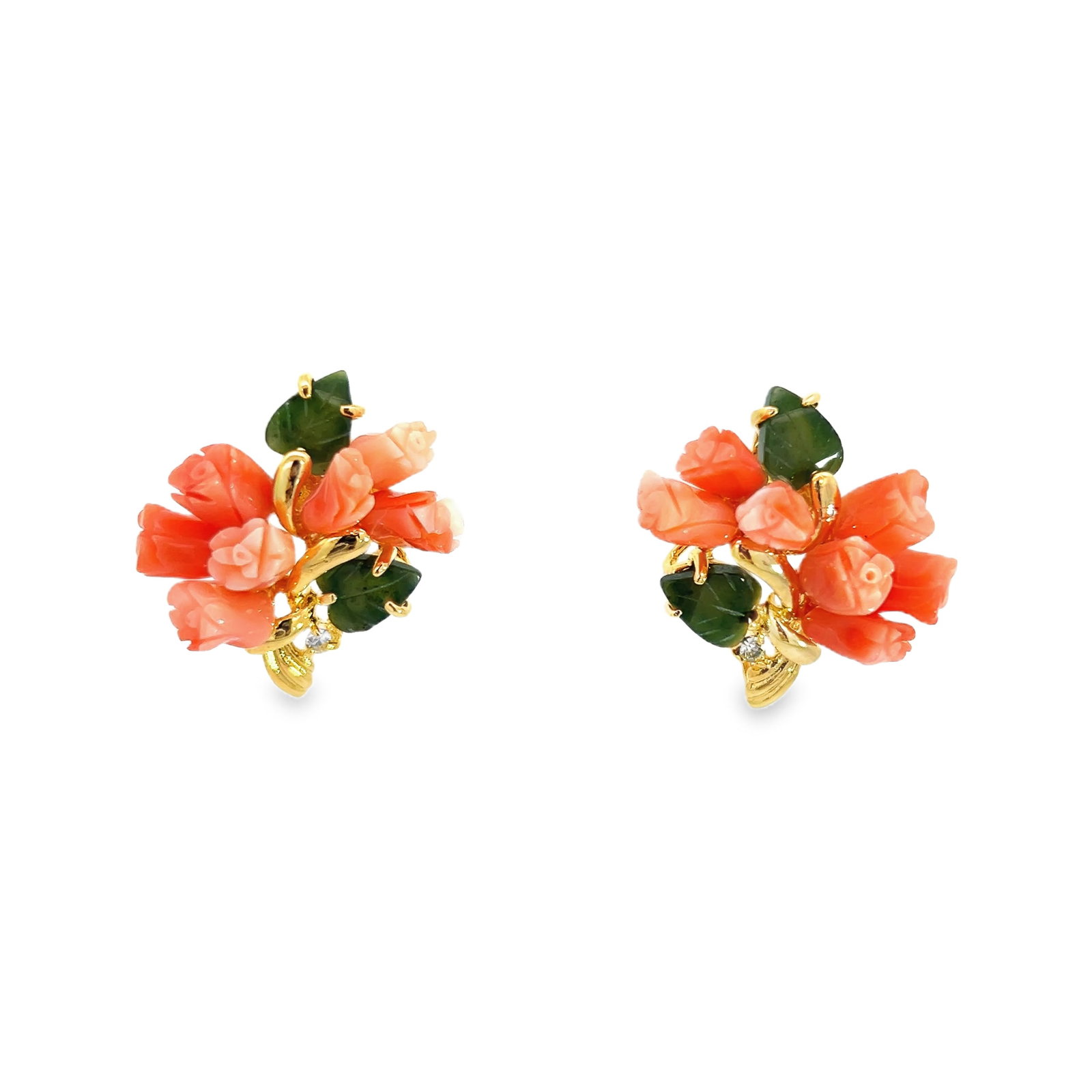 (LOT OF 2) JADE, CORAL, DIAMOND AND YELLOW GOLD STUD EARRINGS: (lot of 2) Jade, coral, diamond and yellow gold stud earrings. Tulip-design jade, coral and diamond stud earrings in 10K yellow gold. 1.06"h x 0.94"w (2.7 x 2.4 cm) (x2)