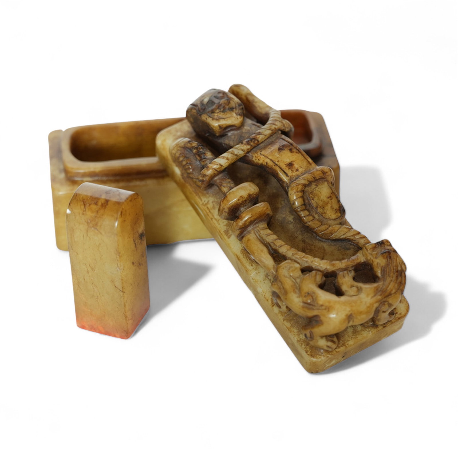 JADE CARVED STAMP AND INK BOX WITH COVER: Jade carved stamp and ink box with cover. Overall: 1.89"h x 3.54"w x 1.38"l (4.8 x 9 x 3.5 cm)