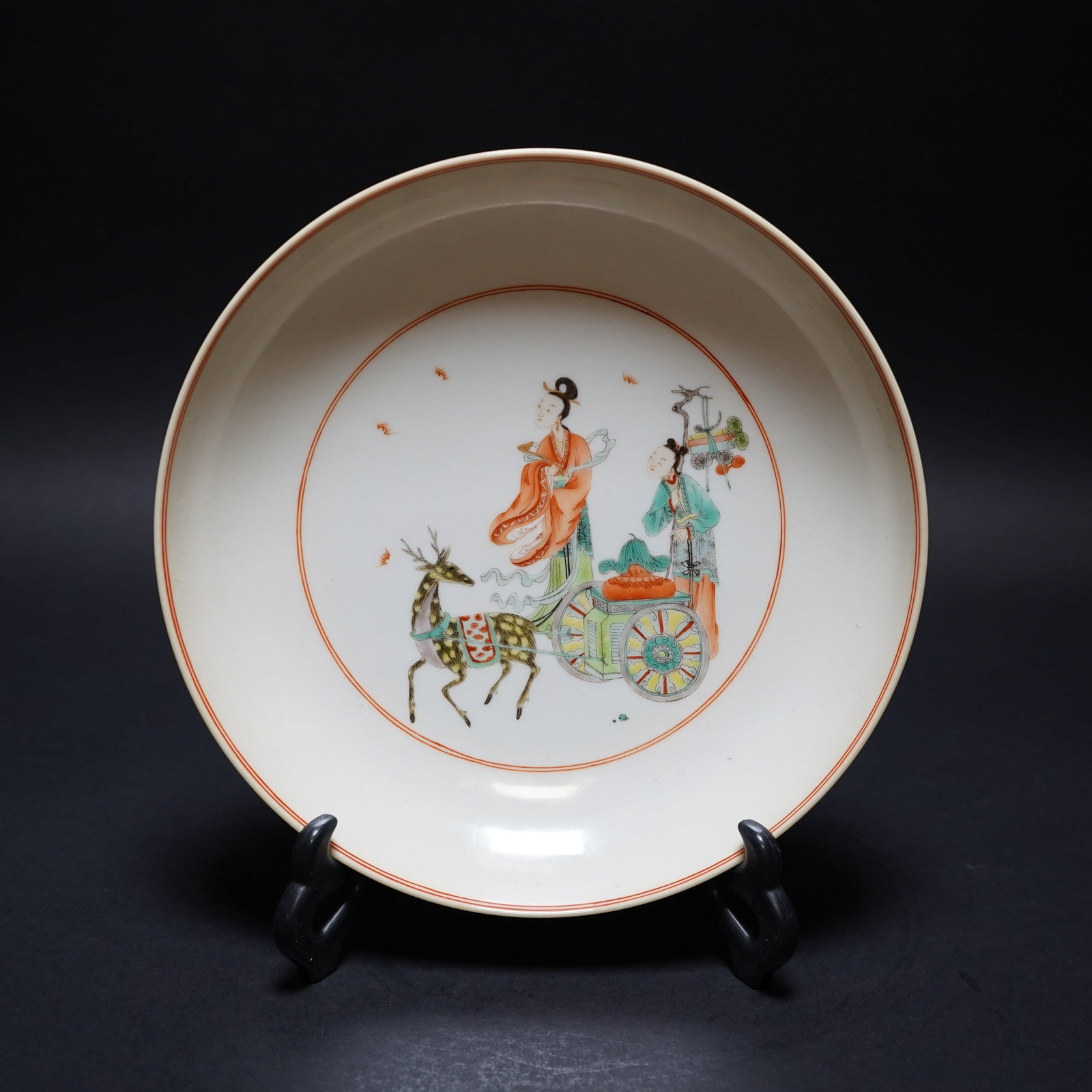 CHINESE WUCAI 'FIGURAL' DISH, KANGXI MARK: Chinese wucai 'figural' dish, Kangxi mark. 1.57"h x 8.07"d (4 x 20.5 cm) Provenance: Property from an estate in Southern California.