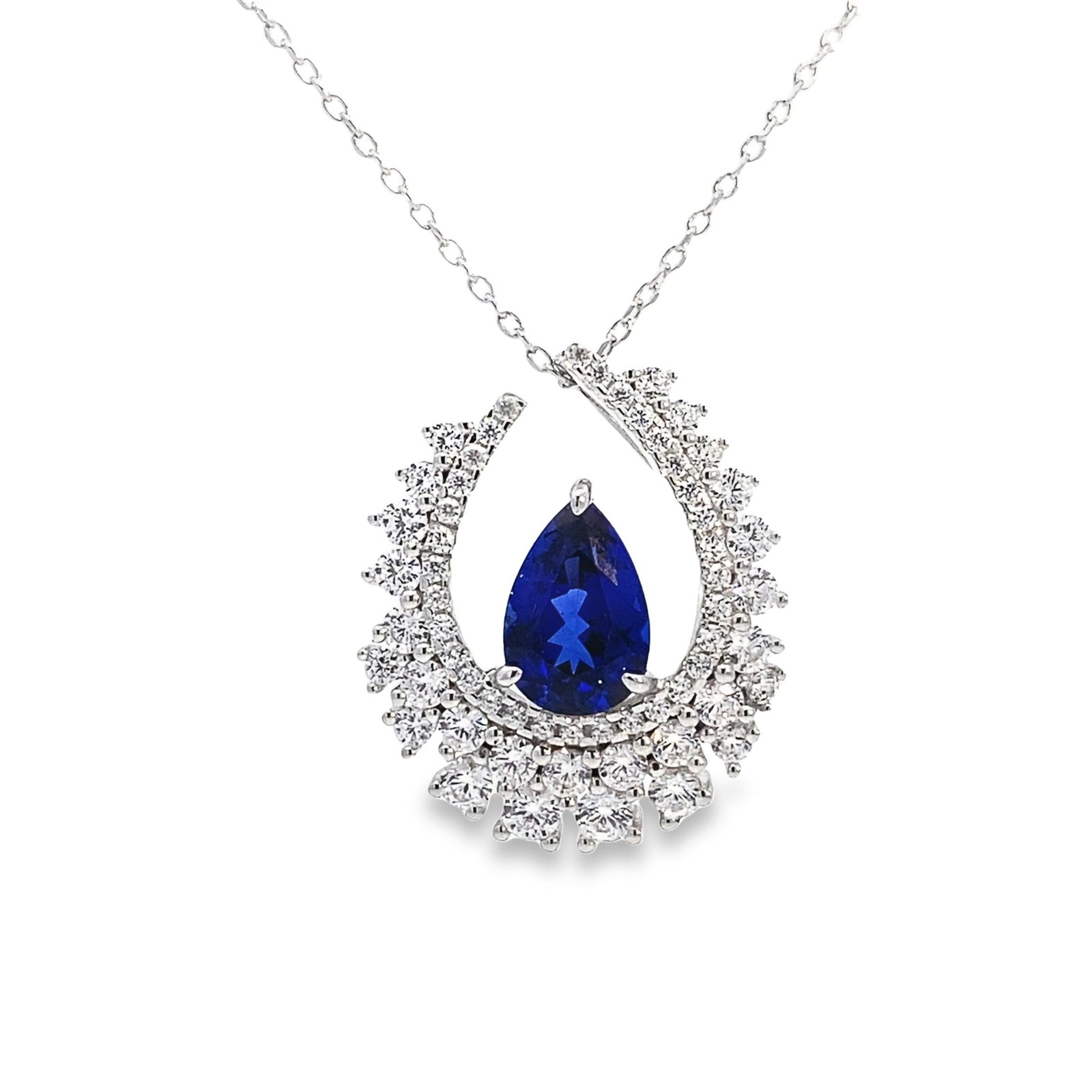 LAB SAPPHIRE, DIAMOND AND STERLING SILVER NECKLACE: Lab sapphire, diamond and sterling silver necklace. Main stone: 2.75 carats