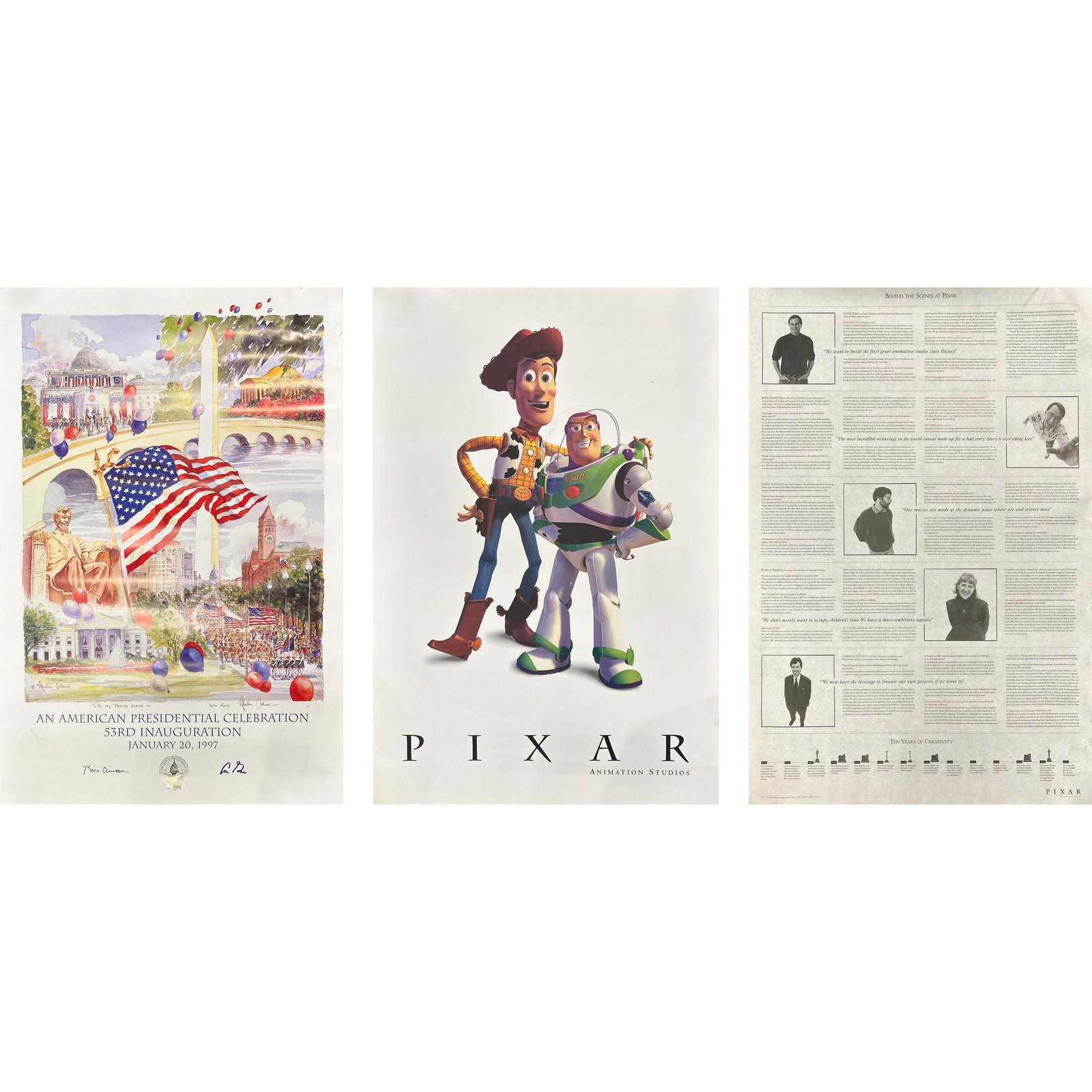 (LOT OF 3) GROUP OF THREE PIXAR MAGAZINE PAGES: (lot of 3) A group of three Pixar magazine pages. 35.63"h x 23.62"w (90.5 x 60 cm); 35.83"h x 24.02"w (91 x 61 cm) (x2)