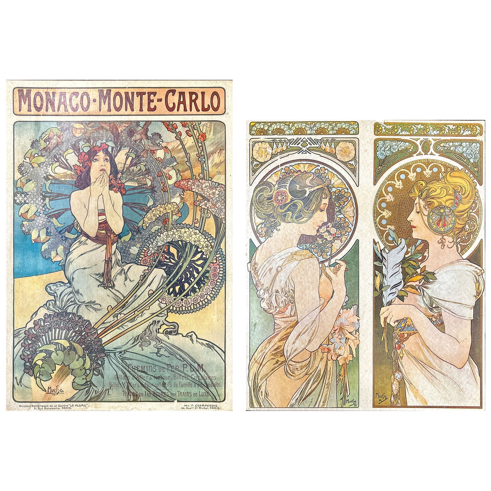(LOT OF 2) ALPHONSE MUCHA, POSTERS: (lot of 2) Alphonse Mucha posters, including "Monaco-Monte-Carlo" and a double-panel figural composition. "Monaco-Monte-Carlo": 28.94"h x 19.69"w (73.5 x 50 cm); Double-panel composition: 25.39"h x