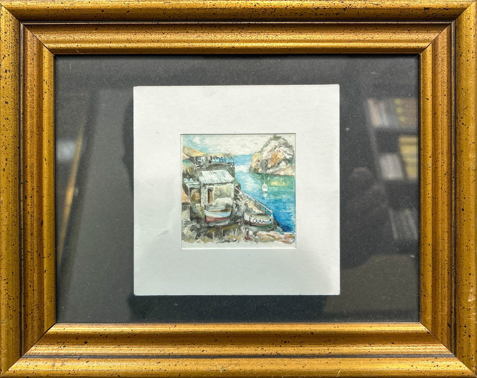 COASTAL SCENE, WATERCOLOR: Coastal Scene. Watercolor, signed lower right. Image: 2.36"h x 2.36"w (6 x 6 cm); Overall (with frame): 7.48"h x 9.45"w (19 x 24 cm)