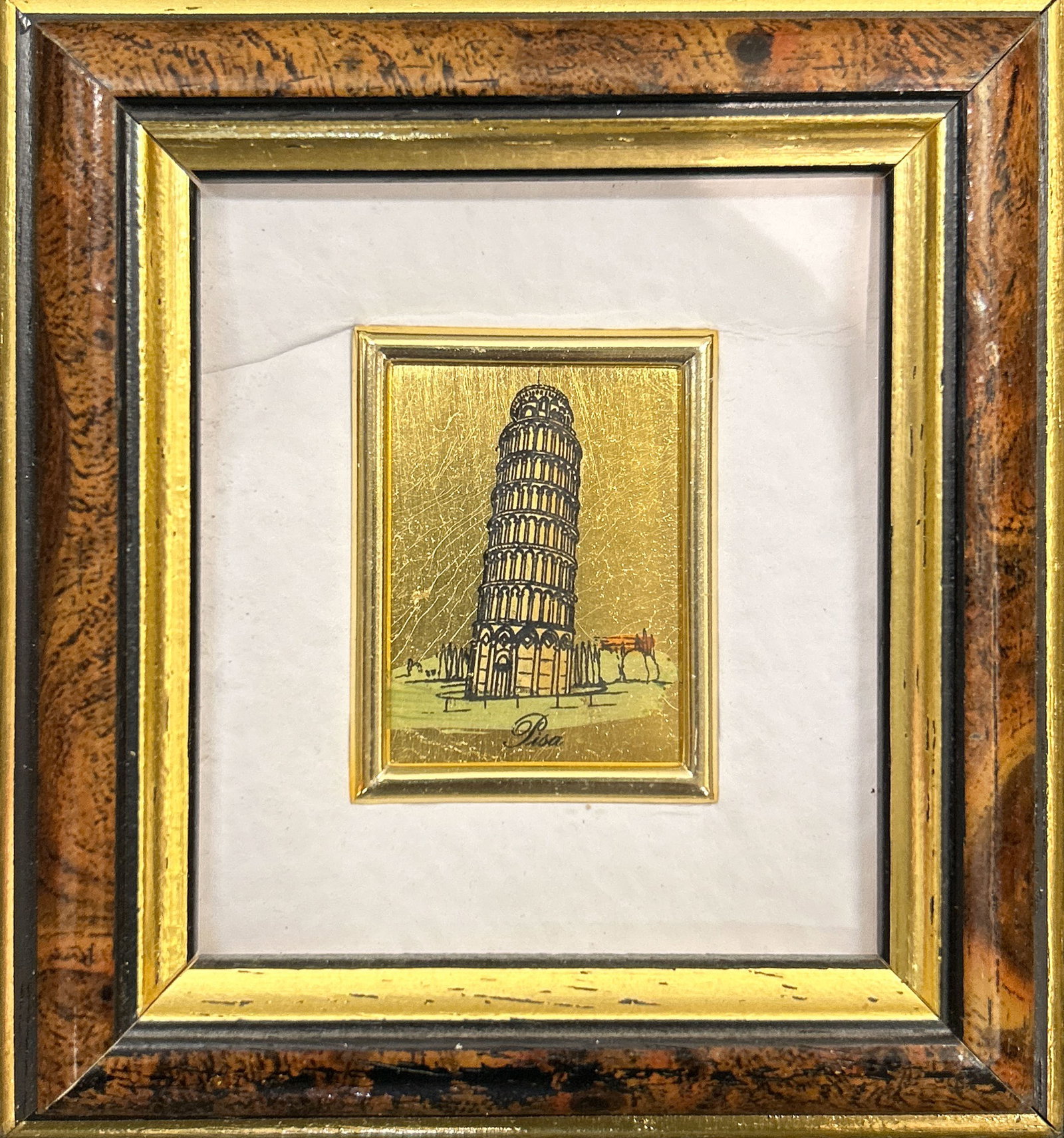 TOWER OF PISA, PRINT: Tower of Pisa. Print. Image: 1.57"h x 1.18"w (4 x 3 cm); Overall (with frame): 4.33"h x 3.94"w (11 x 10 cm)