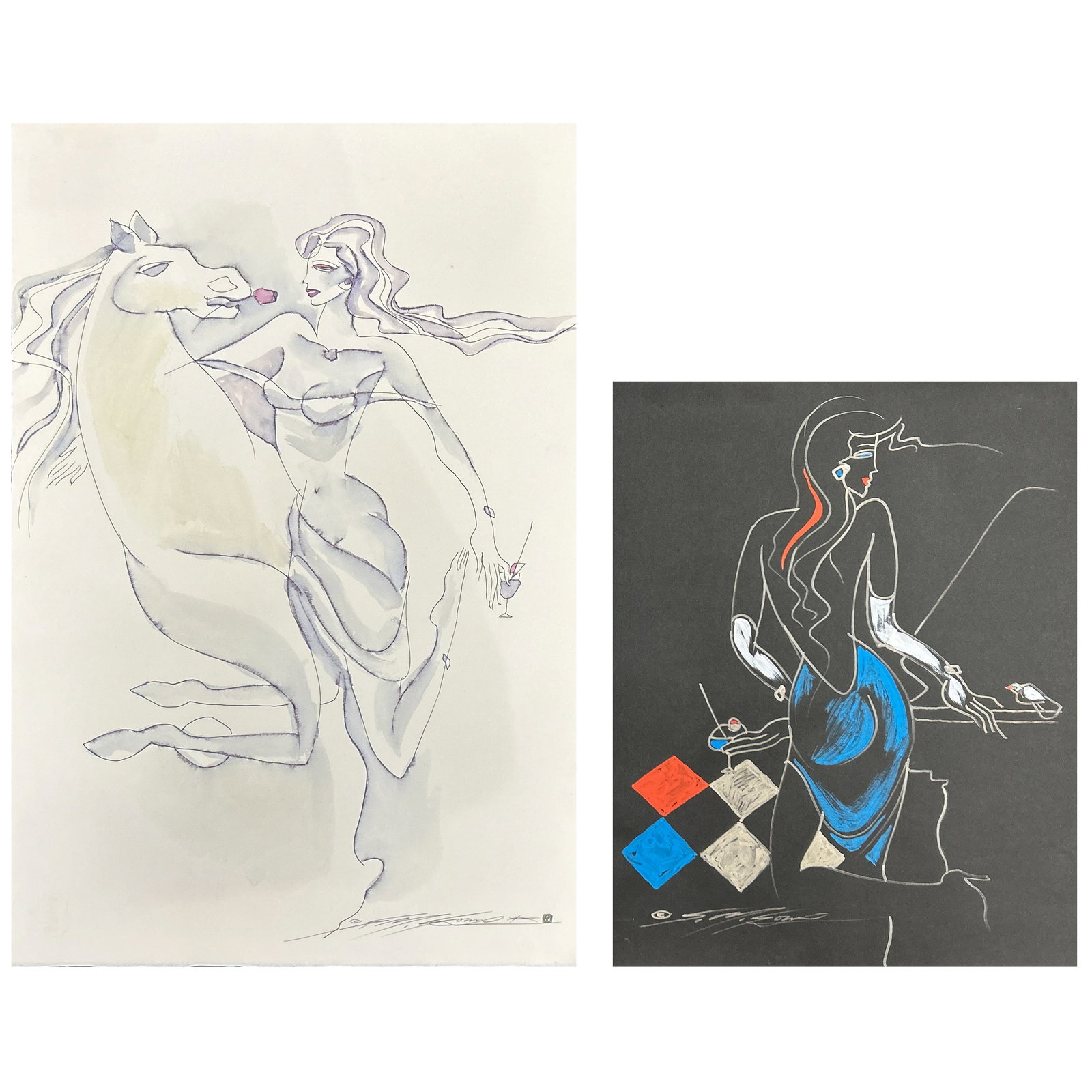 (LOT OF 2) FIGURAL WORKS ON PAPER: (lot of 2) Two figural works on paper, each signed, one depicting a woman with a horse and the other a seated woman. 22.24"h x 14.96"w (56.5 x 38 cm); 15.55"h x 12.4"w (39.5 x 31.5 cm)