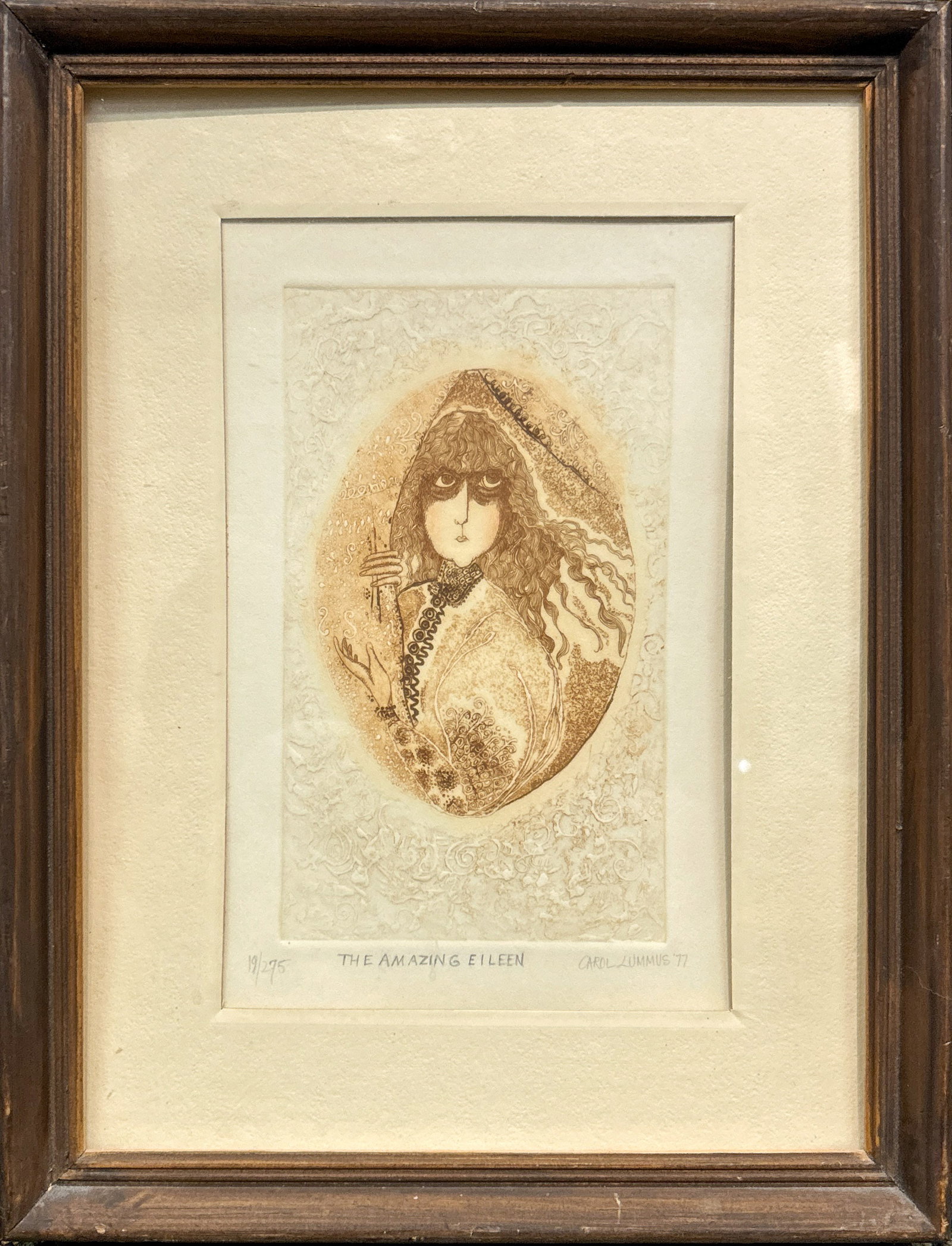 CAROL TRAVERS LUMMUS, ETCHING: Carol Travers Lummus (American, b. 1937), "The Amazing Eileen." Etching on paper, signed lower right, edition 19/275. Image: 6.89"h x 4.13"w (17.5 x 10.5 cm); Overall (with frame): 12.8"h x 9.84"w