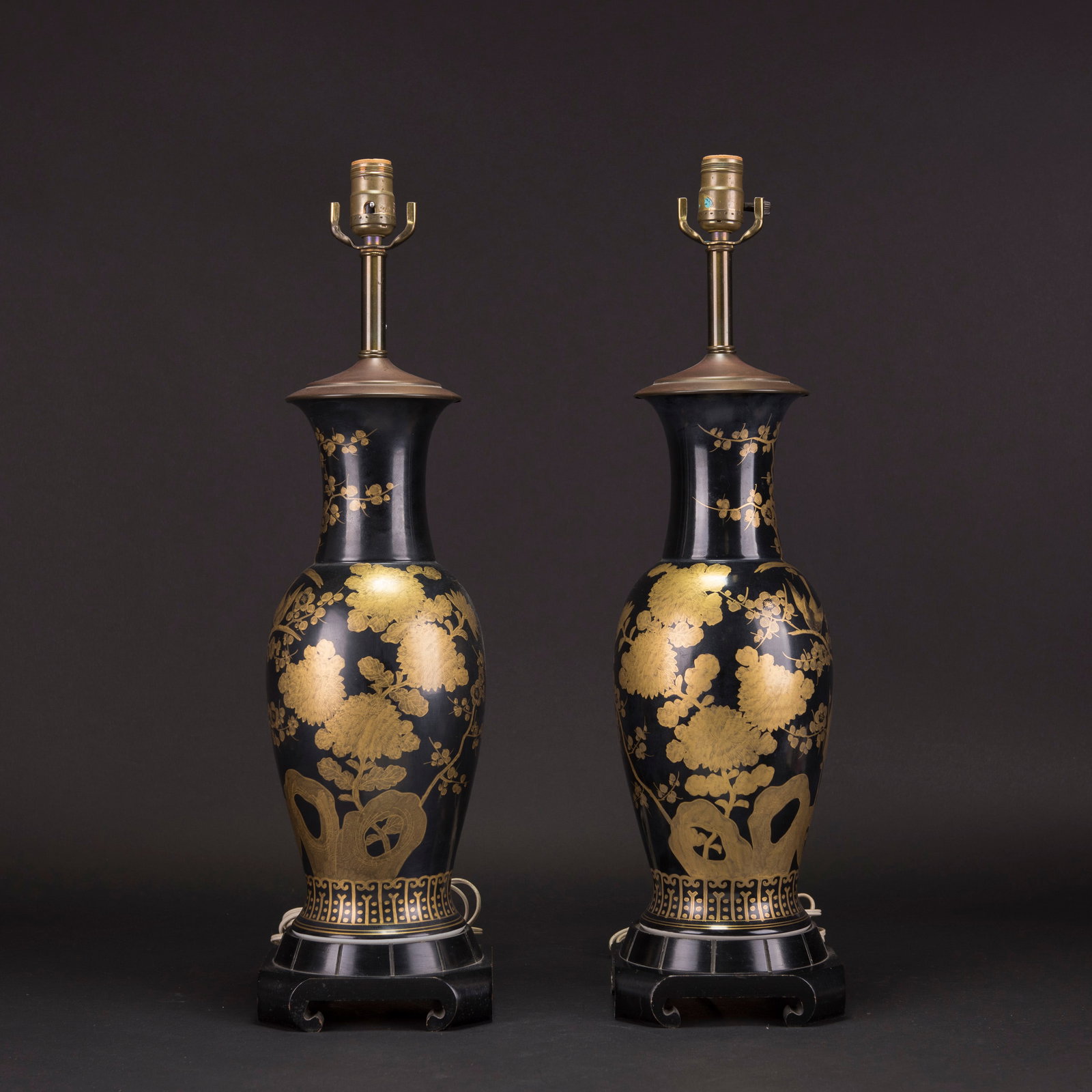 (LOT OF 2) PAIR OF GILT-DECORATED BLACK-GROUND VASES, MOUNTED AS LAMPS: (lot of 2) Pair of gilt-decorated black-ground vases, mounted as lamps. 17.32"h (44 cm)