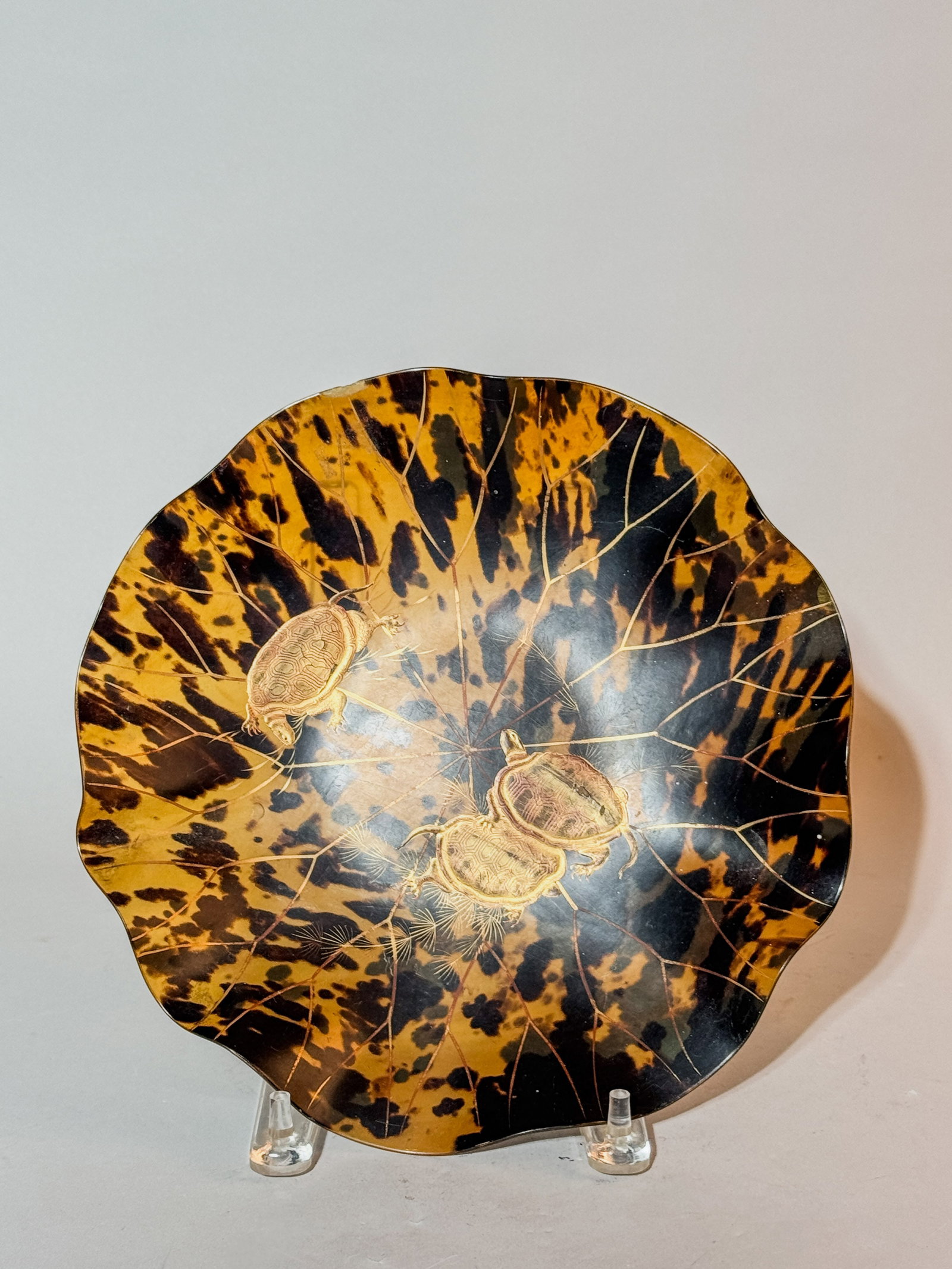 JAPANESE MEIJI LACQUER DISH WITH TURTLE SCENE: A Japanese Meiji lacquer dish with turtle scene. Dimensions: Diameter: 10 in. (25.4 cm). Note: This item is in New York, where it can be shipped from.
