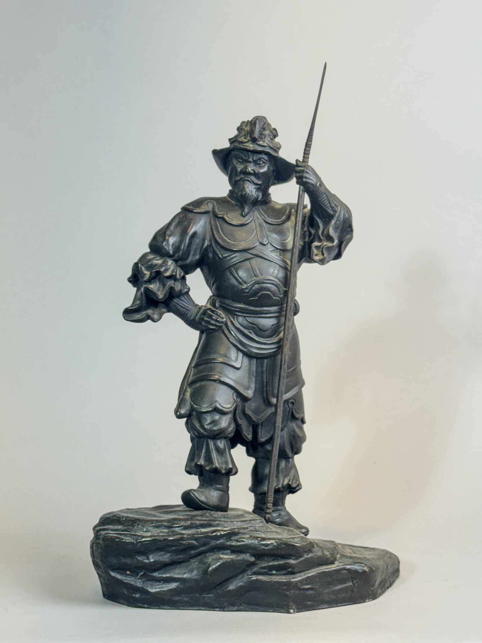 JAPANESE MEIJI BRONZE WARRIOR WITH SPEAR: A Japanese Meiji bronze warrior with spear. Dimensions: Height: 13 in. (33.0 cm). Note: This item is in New York, where it can be shipped from.