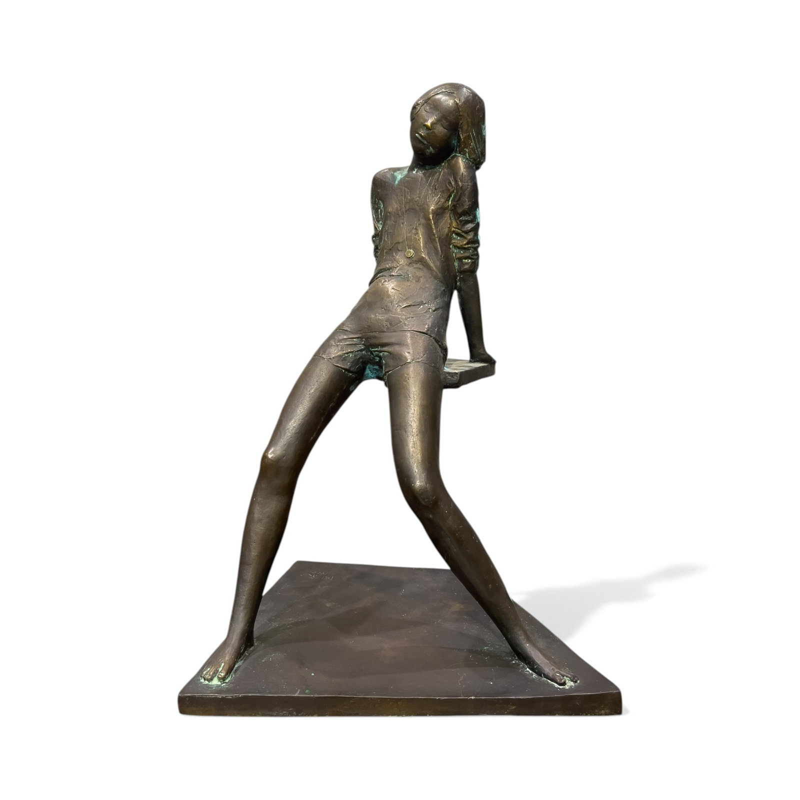 XIANG JING (CHINESE, B. 1968), LUCKY CHARM: Xiang Jing (Chinese, b. 1968), "Lucky Charm." Bronze sculpture depicting a seated young girl, with a dark brown patinated surface, mounted on a rectangular base. Signed on the base and marked "7-1." A