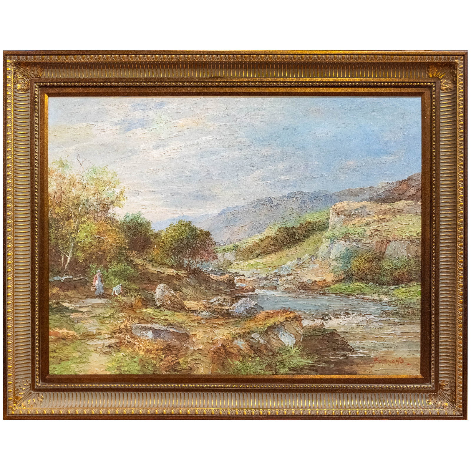 RIVER LANDSCAPE, PAINTING: River landscape. Oil on canvas, signed lower right. Image: 29.53"h x 39.37"w (75 x 100 cm); Overall (with frame): 38.19"h x 48.03"w (97 x 122 cm)