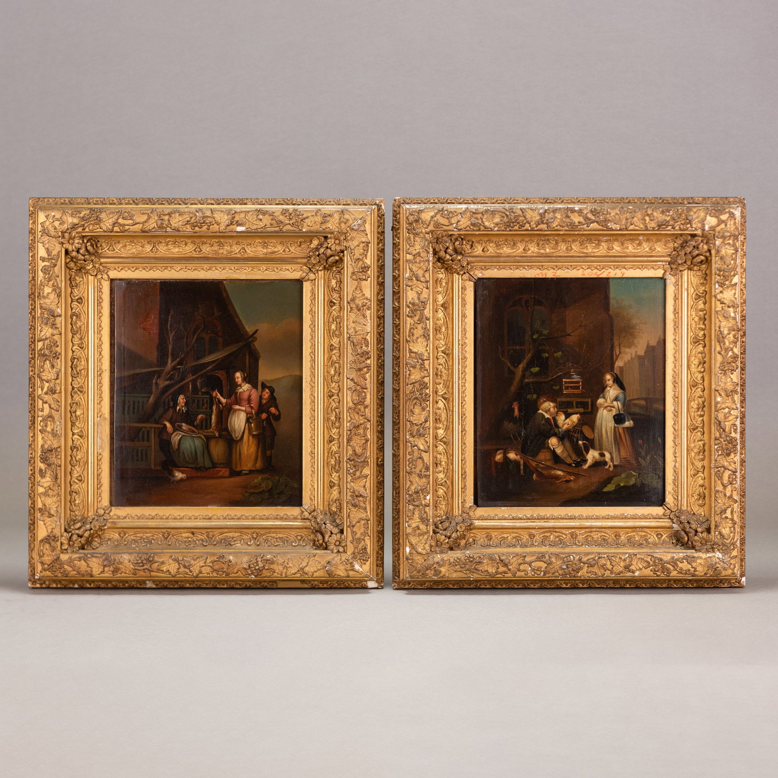 (LOT OF 2) DUTCH SCHOOL (19TH CENTURY), PAINTINGS: (lot of 2) Dutch School (19th century), "Genre Scenes of Trade." Oil on metal panels, unsigned. Image: 9.45"h x 7.87"w (24 x 20 cm) (x2); Overall (with frame): 16.5"h x 15"w (41.5 x 38 cm) (x2)