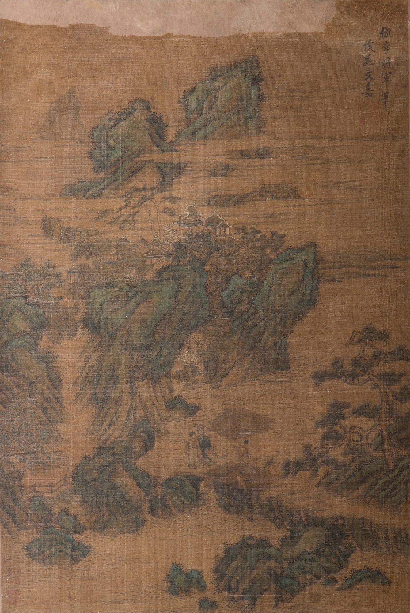 WEN JIA (1501-1583), ATTRIBUTED TO, CHINESE PAINTING SCROLL OF LANDSCAPE: Attributed to Wen Jia (1501-1583), Chinese painting scroll of landscape, Ming dynasty. On silk. 17.5"h x 11.75"w (44.45 x 29.85 cm)