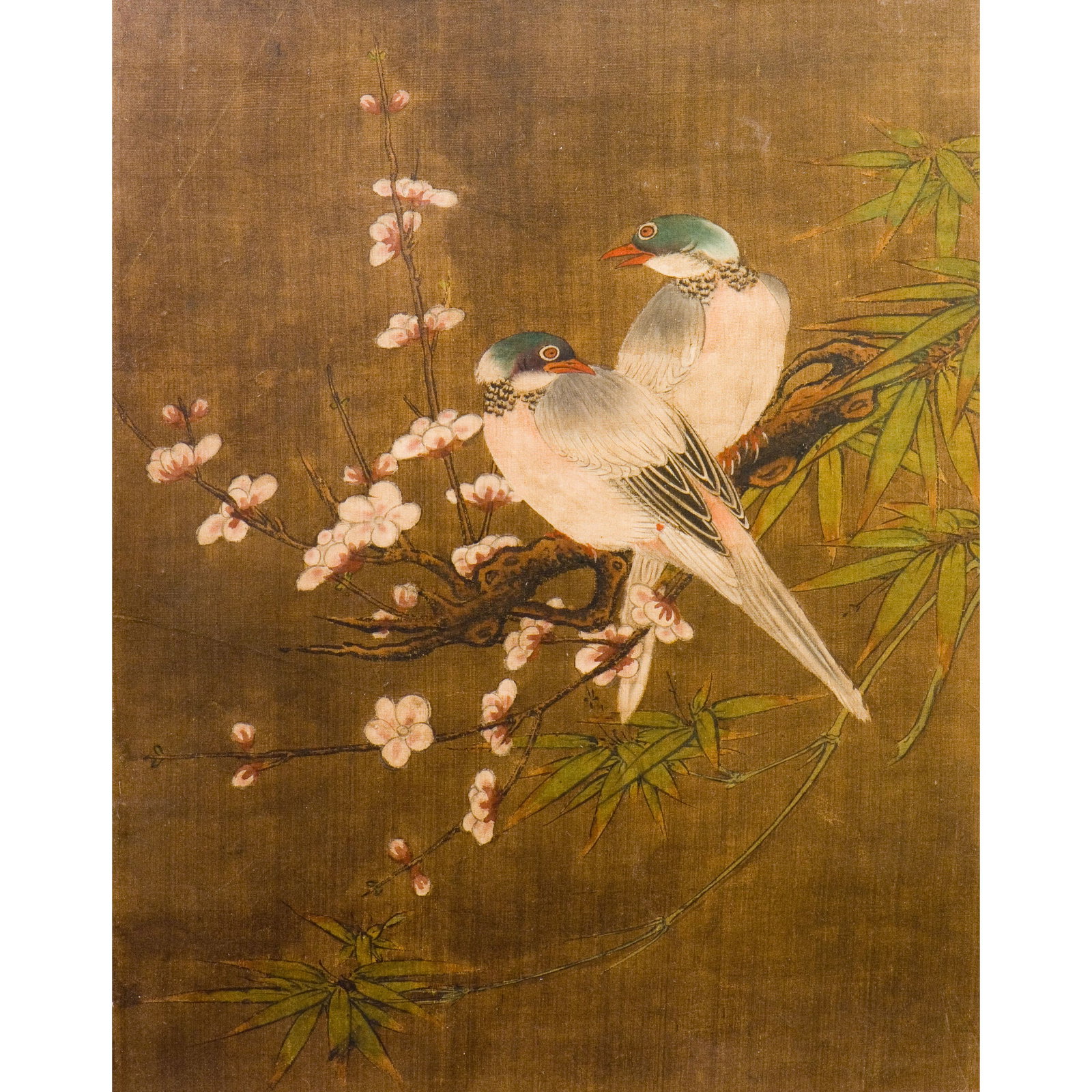ANONYMOUS, CHINESE PAINTING OF BIRD AND FLOWER: Anonymous, Chinese painting of bird and flower. Ink and color on silk, mounted and framed. Image: 16.93"h x 13.39"w (43 x 34 cm)