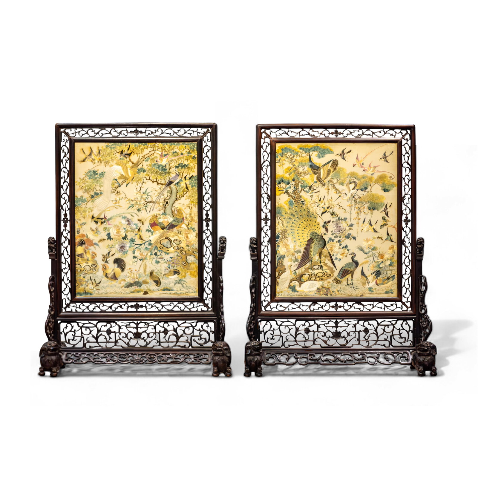 (LOT OF 2) PAIR OF LARGE CHINESE CANTON EMBROIDERY SCREENS, 19TH CENTURY: (lot of 2) Pair of large Chinese Canton embroidery screens, 19th century. Overall (With Stand): 33.07"h x 24.8"w x 9.65"l (84 x 63 x 24.5 cm) (x2)