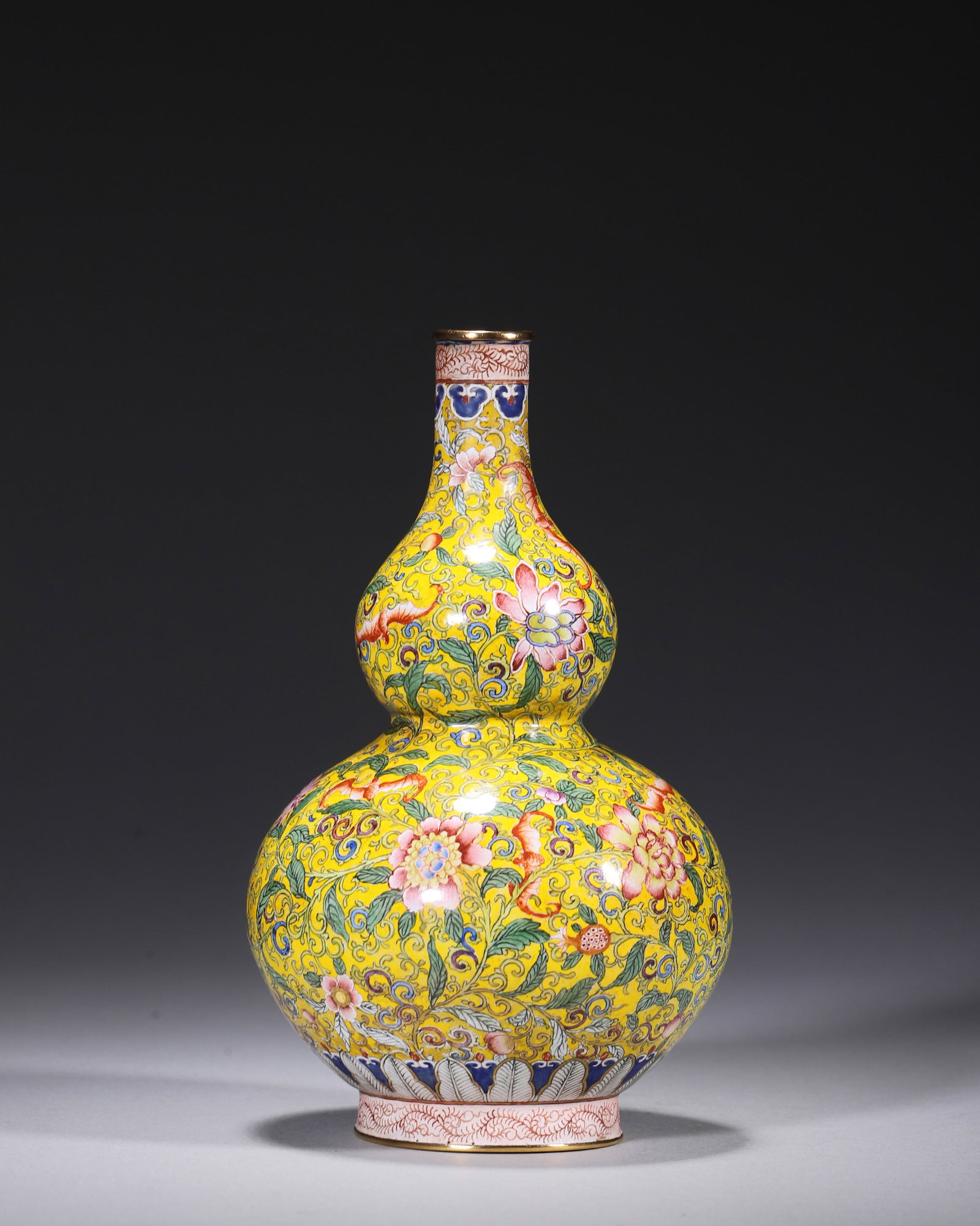 A BRONZE PAINTED-ENAMEL GOURD VASE WITH FLORAL AND BAT MOTIFS (1 of 7)