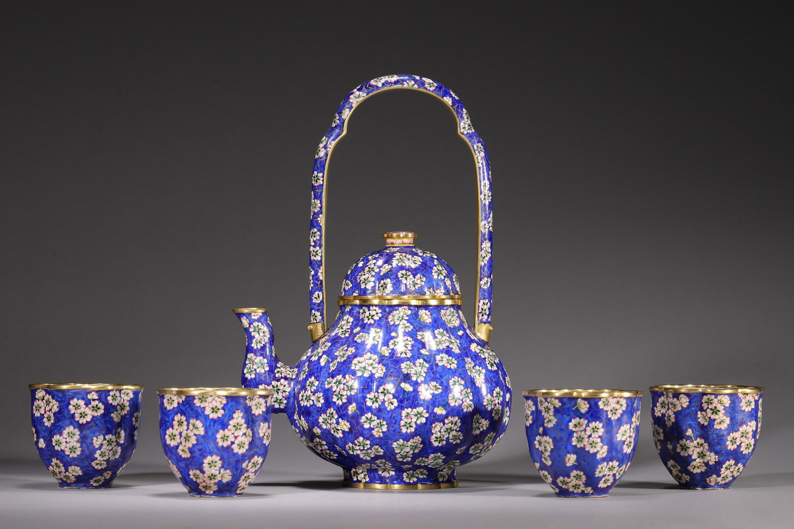 A FIVE-PIECE COPPER-BODY PAINTED-ENAMEL TEA SET (1 of 11)