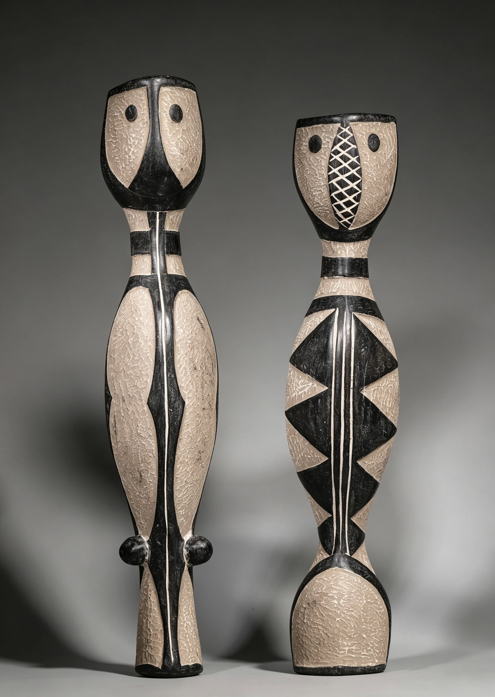A PAIR OF IGBO CARVED WOOD SERPENT MASKS: A pair of Igbo carved wood serpent masks, described in the source as male and female. Male: Ht. 63 cm; W. 12 cm; D. 9 cm; Wt. 678 g; Female: Ht. 58 cm; Wt. 494 g. Note: By repute, associated with Igbo