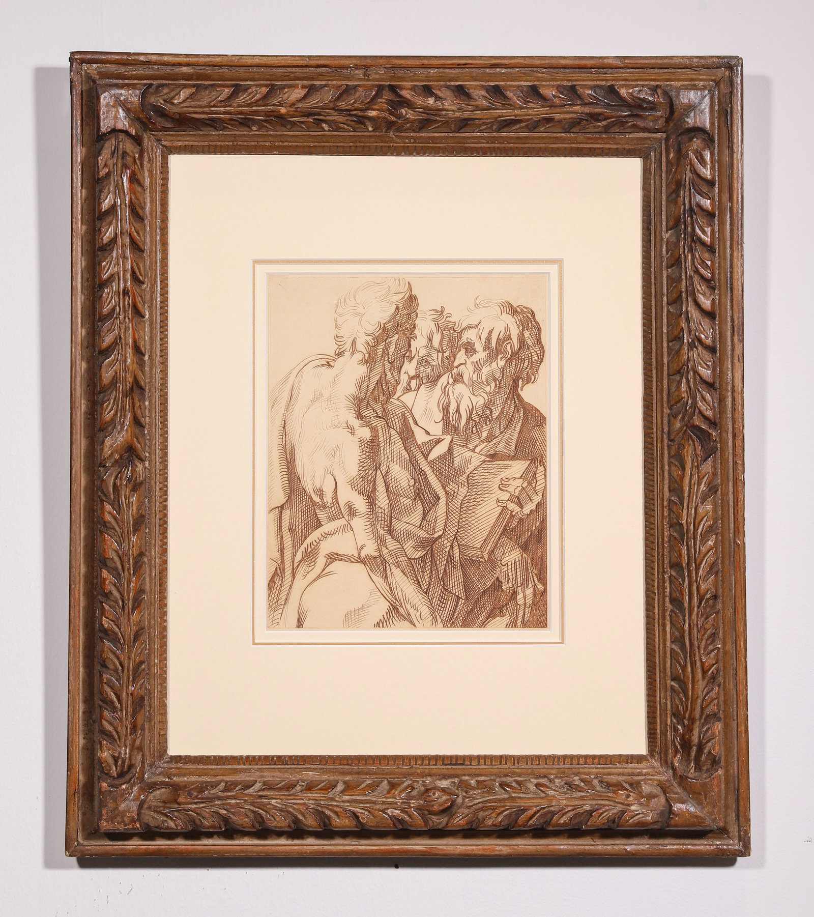 IGNACE JOSEPH DE CLAUSSEN, ATTRIBUTED TO, THREE APOSTLES, ENGRAVING: Attributed to Ignace Joseph de Claussen. An engraving depicting three half-length apostles, framed. Dimensions: Image: 25 x 20 cm; Frame: 48 x 58 cm. Note: The source describes the composition as