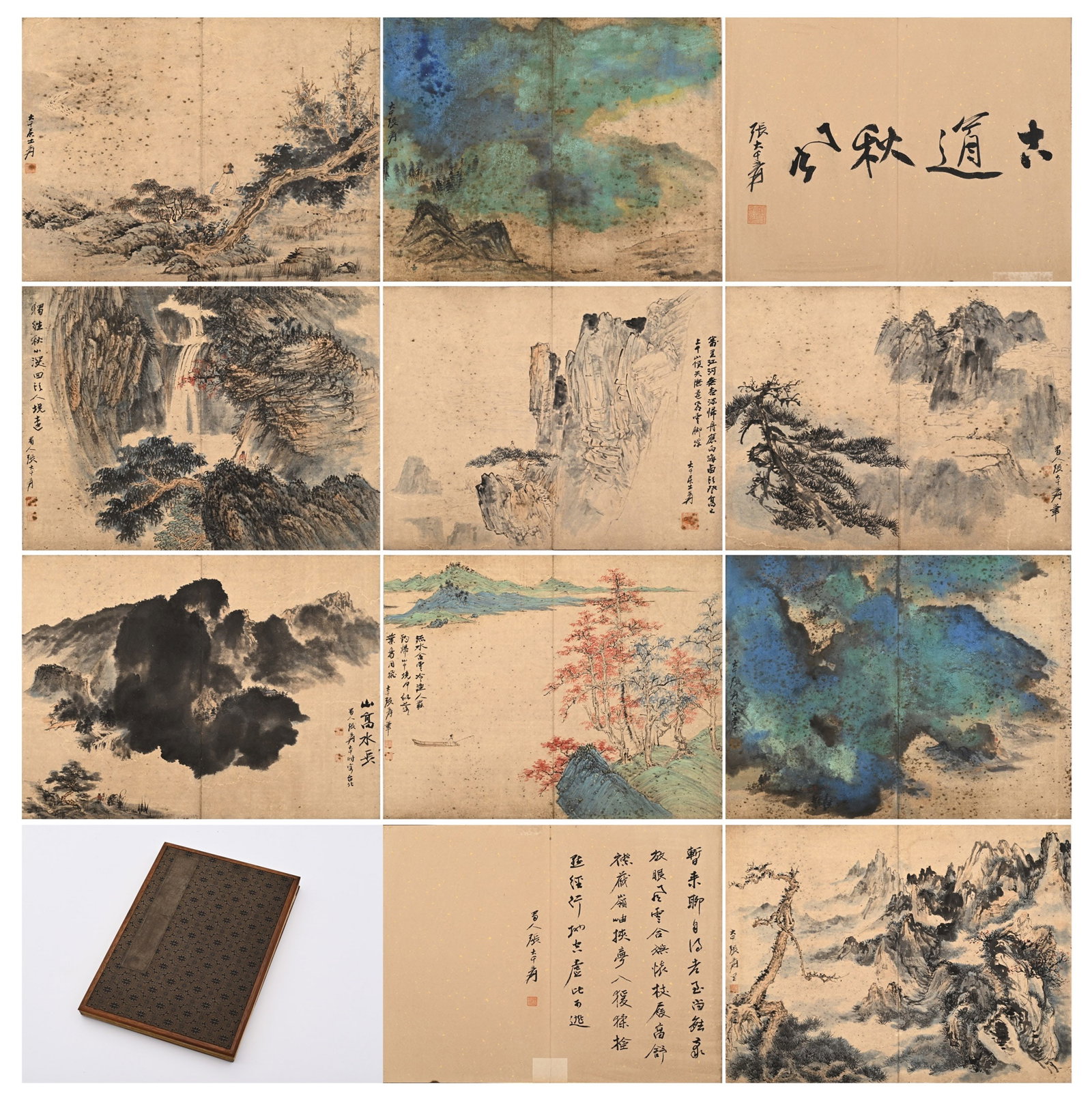 ZHANG DAQIAN, ATTRIBUTED TO, LANDSCAPE ALBUM: Attributed to Zhang Daqian. An album of eleven leaves with splash-color and ink landscapes depicting mountains, pines and rivers. The first leaf bears a calligraphic frontispiece, and the remaining