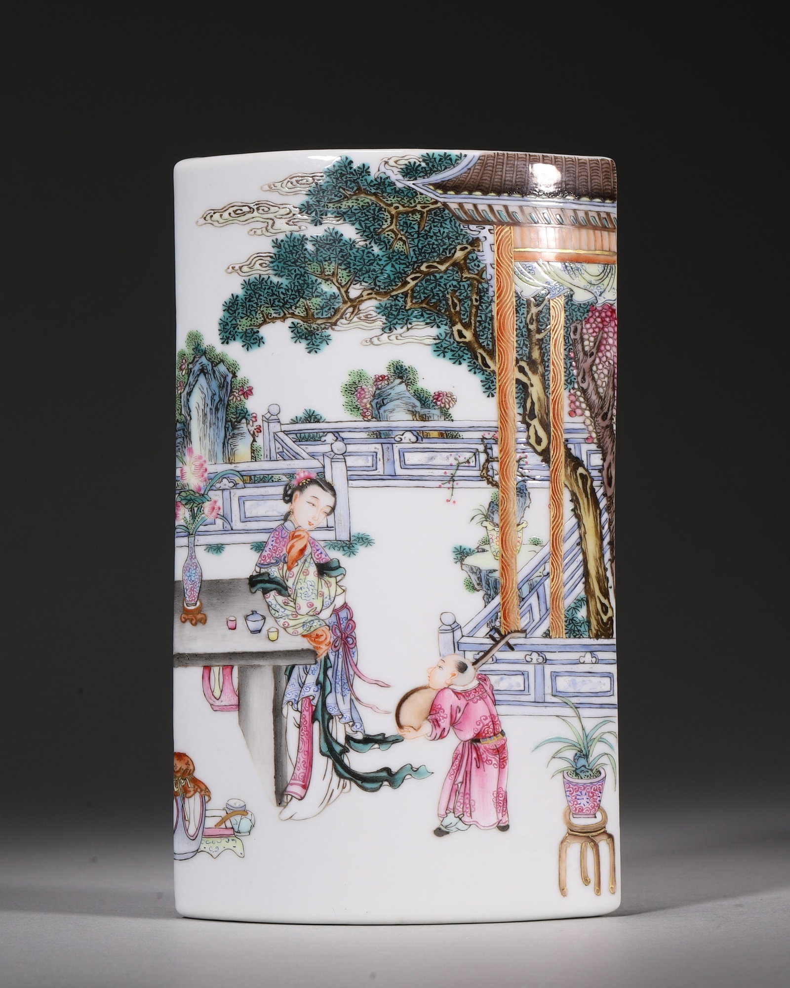 A FAMILLE-ROSE PORCELAIN WRIST REST WITH LADY AND BOY (1 of 8)