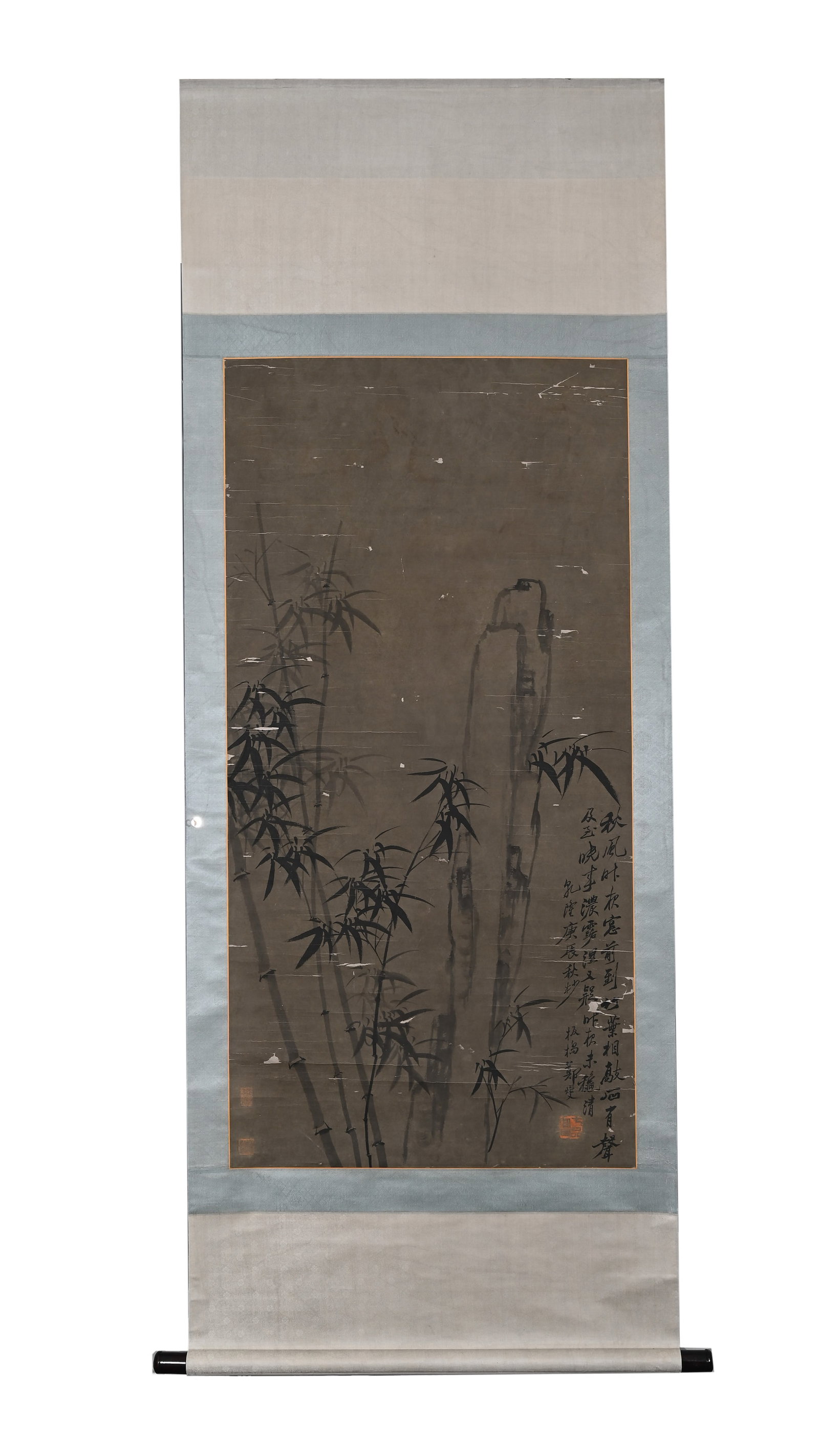 ZHENG XIE, ATTRIBUTED TO, BAMBOO AND ROCK, HANGING SCROLL: Attributed to Zheng Xie. Ink on paper, hanging scroll, depicting bamboo and rock. The work bears a poetic inscription, a signature reading 'Zheng Banqiao' and multiple collector seals. Dimensions: Ima