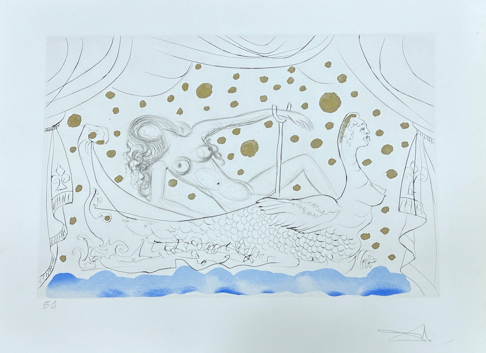SALVADOR DALI, ATTRIBUTED TO, THE BIRTH OF VENUS, HAND-COLORED DRYPOINT ETCHING: Attributed to Salvador Dali. A hand-colored drypoint etching on paper depicting 'The Birth of Venus'. The sheet is marked 'E.A.' and bears a pencil signature in the name of Salvador Dali. Dimensions: