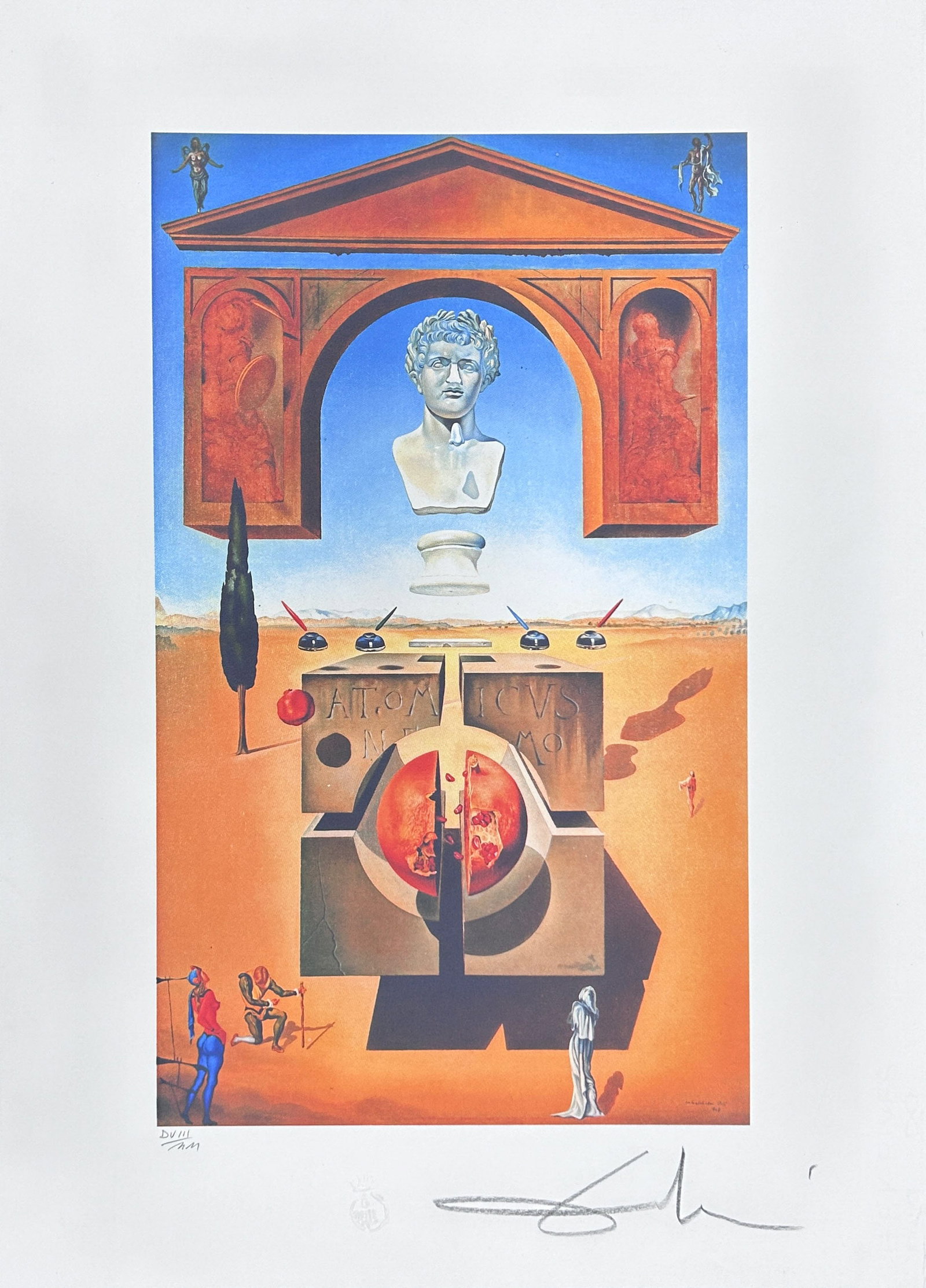 SALVADOR DALI, ATTRIBUTED TO, DEMATERIALIZATION NEAR THE NOSE OF NERO, COLOR LITHOGRAPH: Attributed to Salvador Dali. A color lithograph titled 'Dematerialization Near the Nose of Nero'. The sheet bears the notation 'DVIII AM', a pencil signature in the name of Salvador Dali, and a