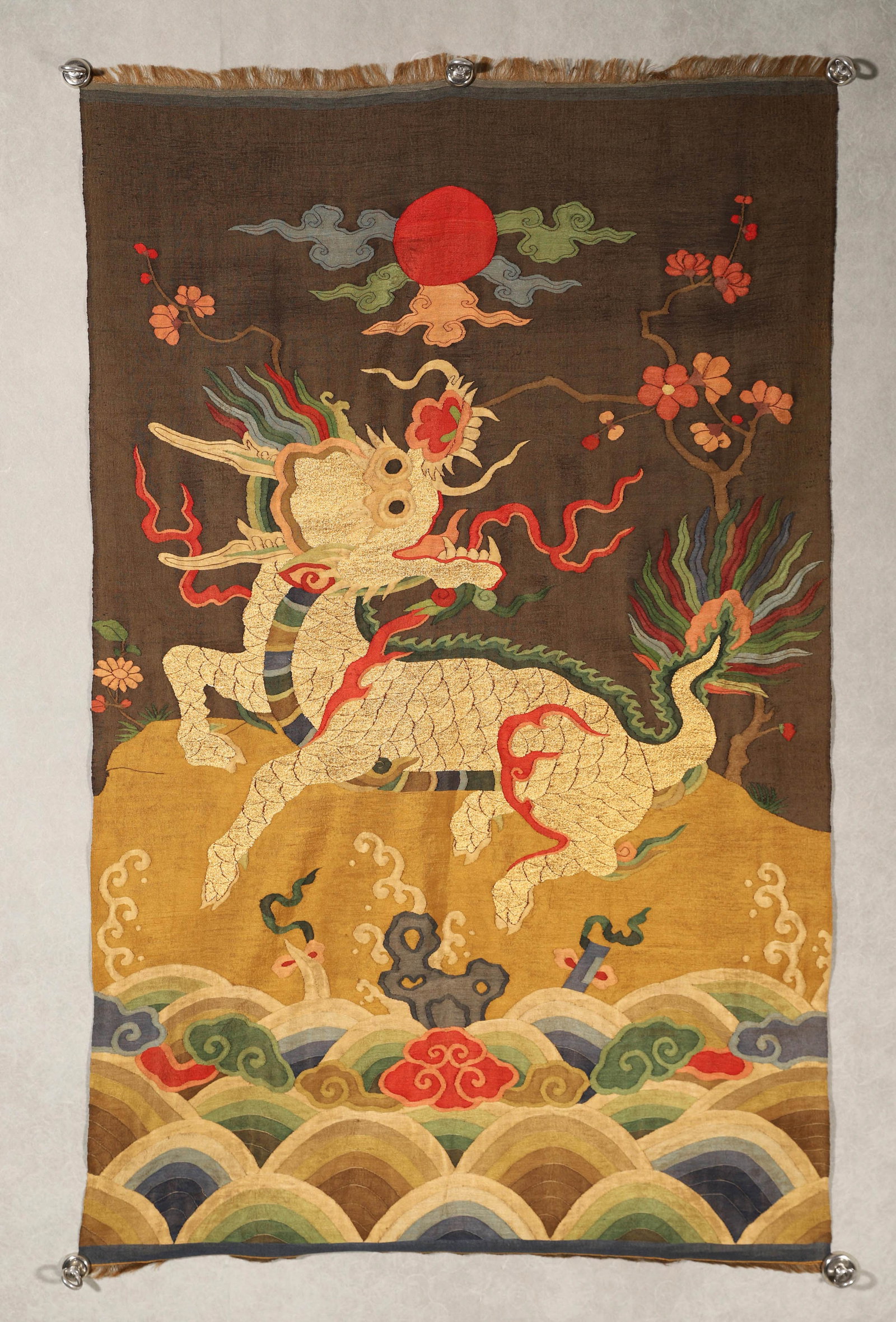A KESI SILK PANEL WITH QILIN: A kesi silk panel with a qilin motif. Dimensions: 103 x 65 cm.