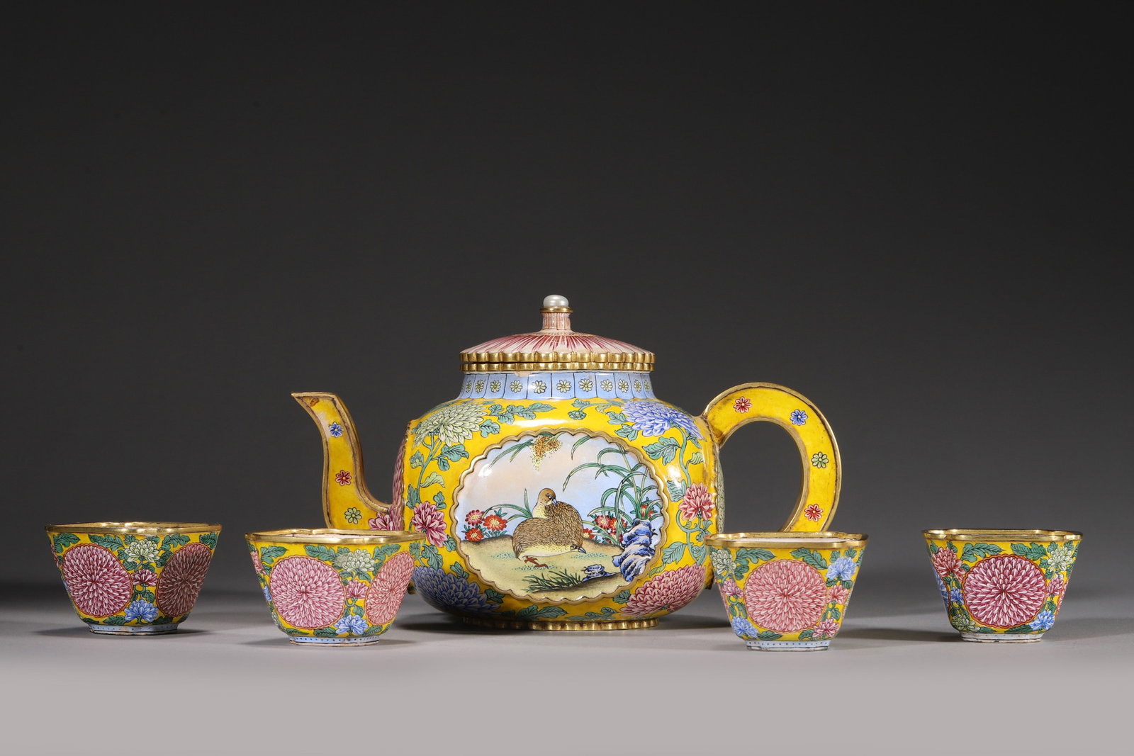 A FIVE-PIECE COPPER-BODY PAINTED-ENAMEL 'QUAIL AND FLOWERS' TEA SET (1 of 12)