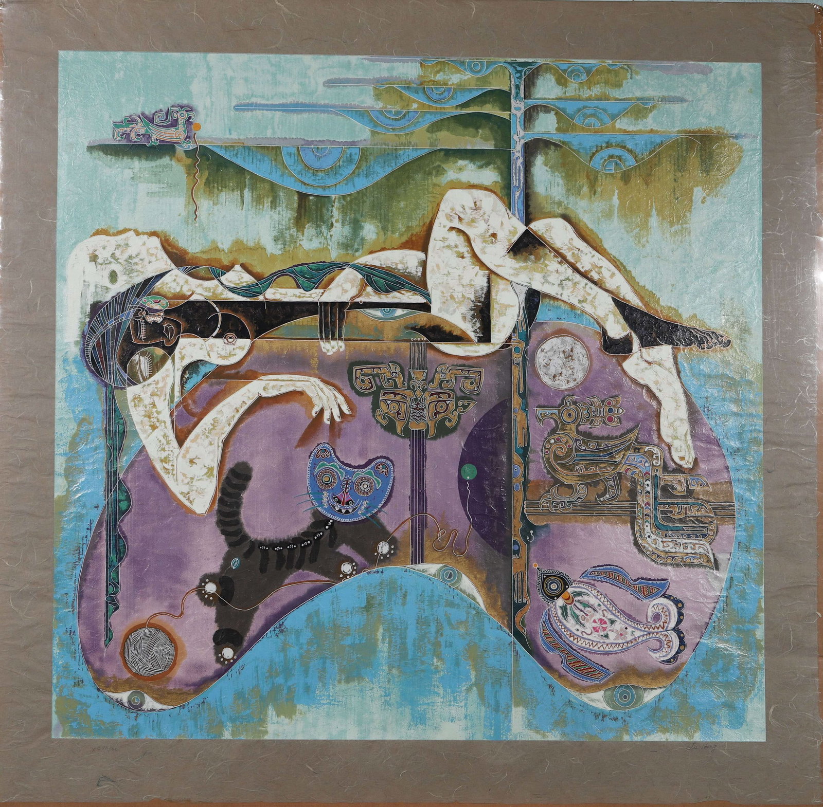 LU HONG, ATTRIBUTED TO, OIL ON CANVAS: Attributed to Lu Hong. Oil on canvas. Dimensions: 99 x 97 cm. Note: Lu Hong (b. 1959) is a Chinese-American contemporary painter whose work combines Chinese color traditions with modernist imagery.