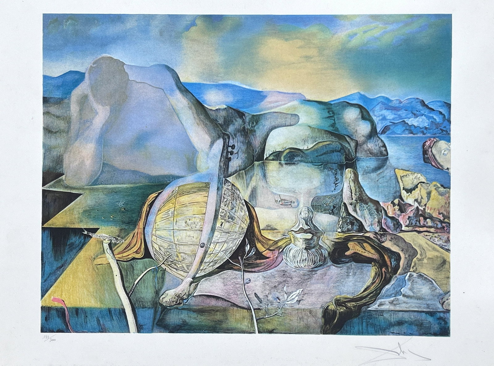 AFTER SALVADOR DALI, THE ENDLESS ENIGMA, COLOR LITHOGRAPH: A color lithograph after Salvador Dali's composition 'The Endless Enigma'. The sheet is numbered at lower left and bears a pencil signature in the name of Salvador Dali at lower right. Dimensions: 56