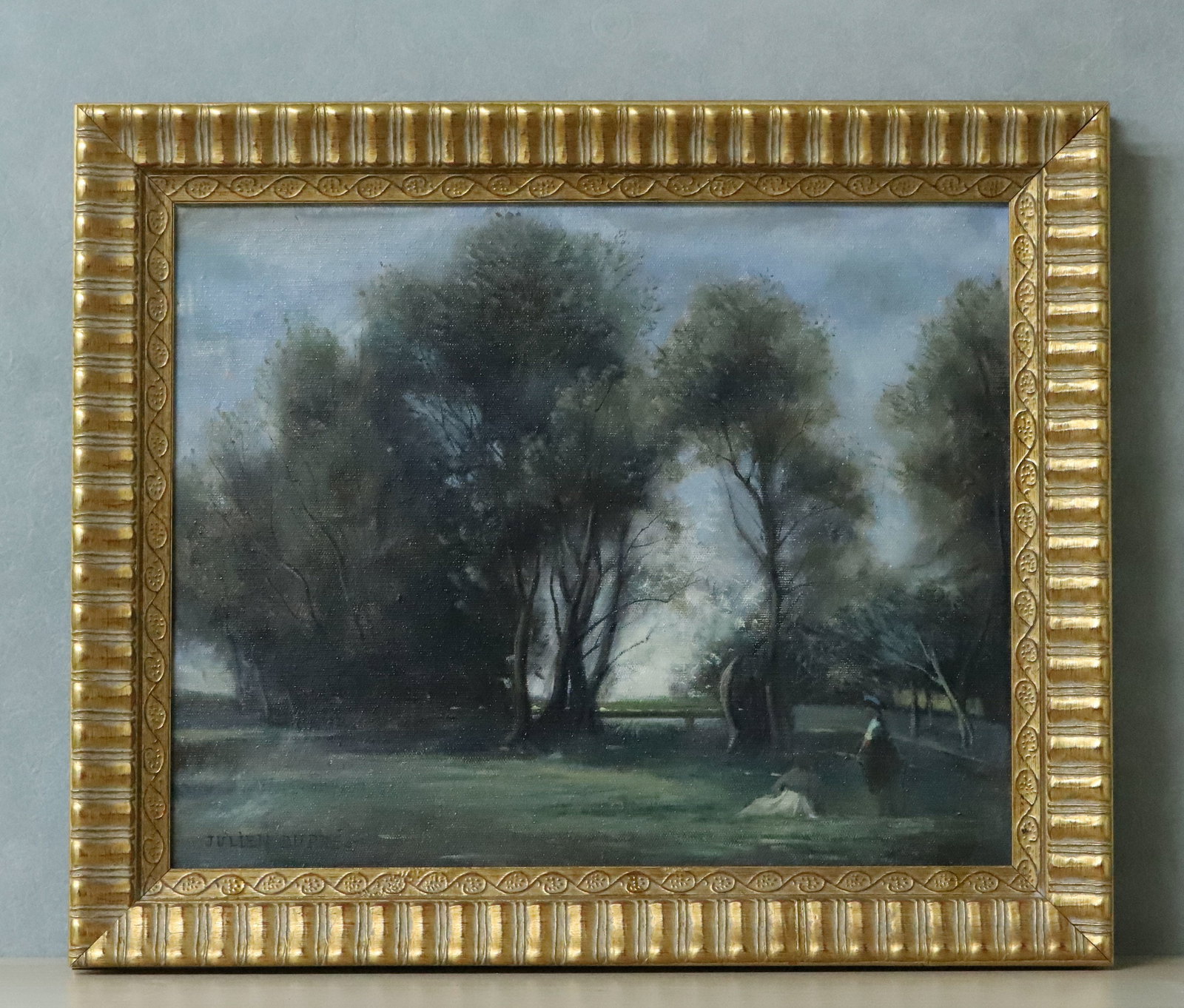 JULIEN DUPRE, ATTRIBUTED TO, RURAL LANDSCAPE, PAINTING ON CANVAS: Attributed to Julien Dupre. A painting on canvas depicting a rural wooded landscape with two figures resting beneath trees, framed. Dimensions: 74 x 67 cm; 52 x 44 cm. Note: Julien Dupre (1851-1910) w