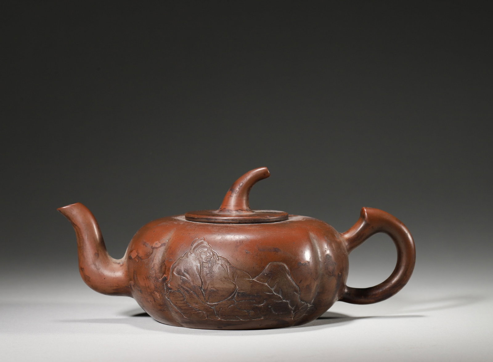 A ZISHA MELON-FORM TEAPOT WITH FIGURAL DECORATION AND INSCRIPTION (1 of 6)
