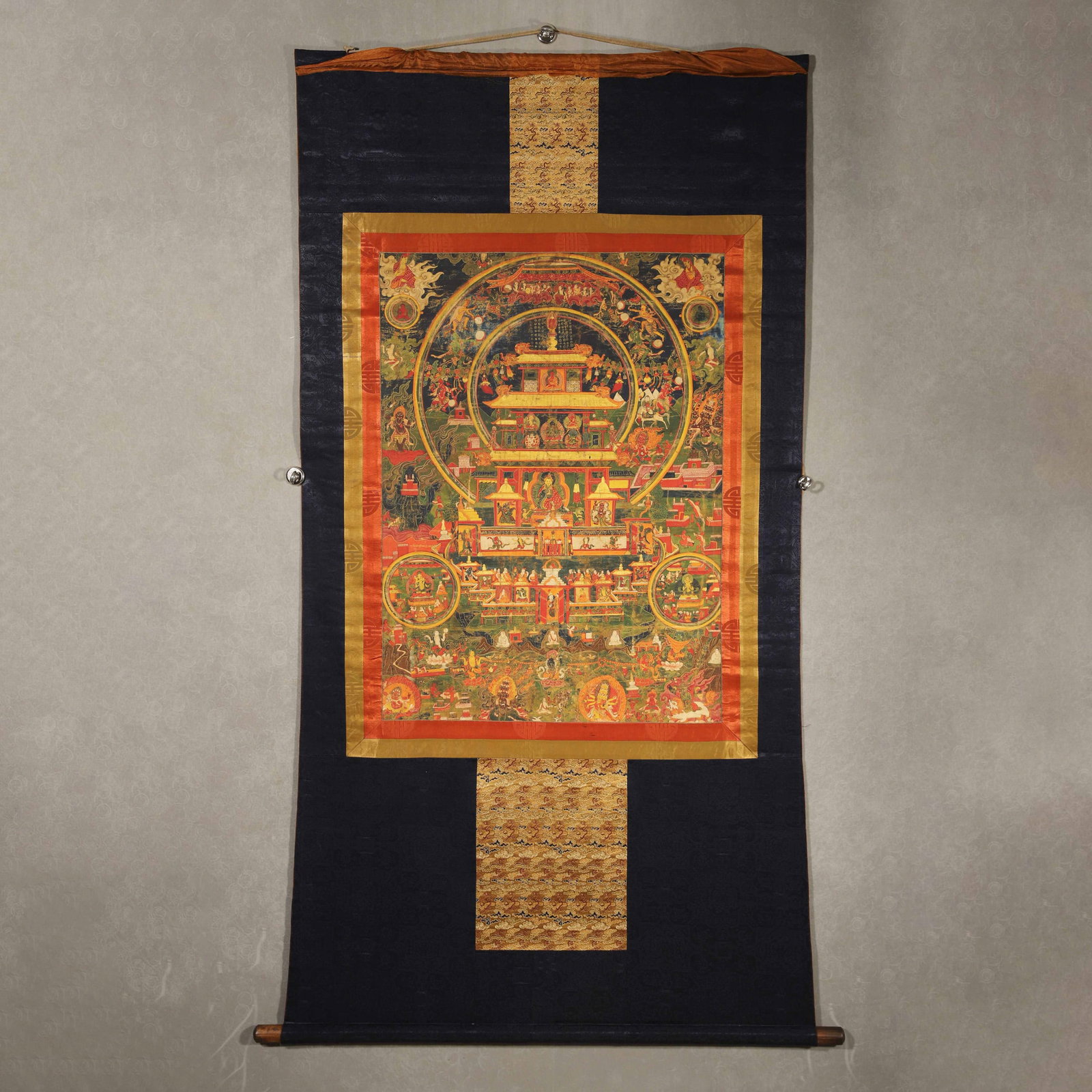 A MINERAL-PIGMENT MANDALA THANGKA: A mineral-pigment thangka depicting a mandala. L. 77 cm; W. 56 cm.