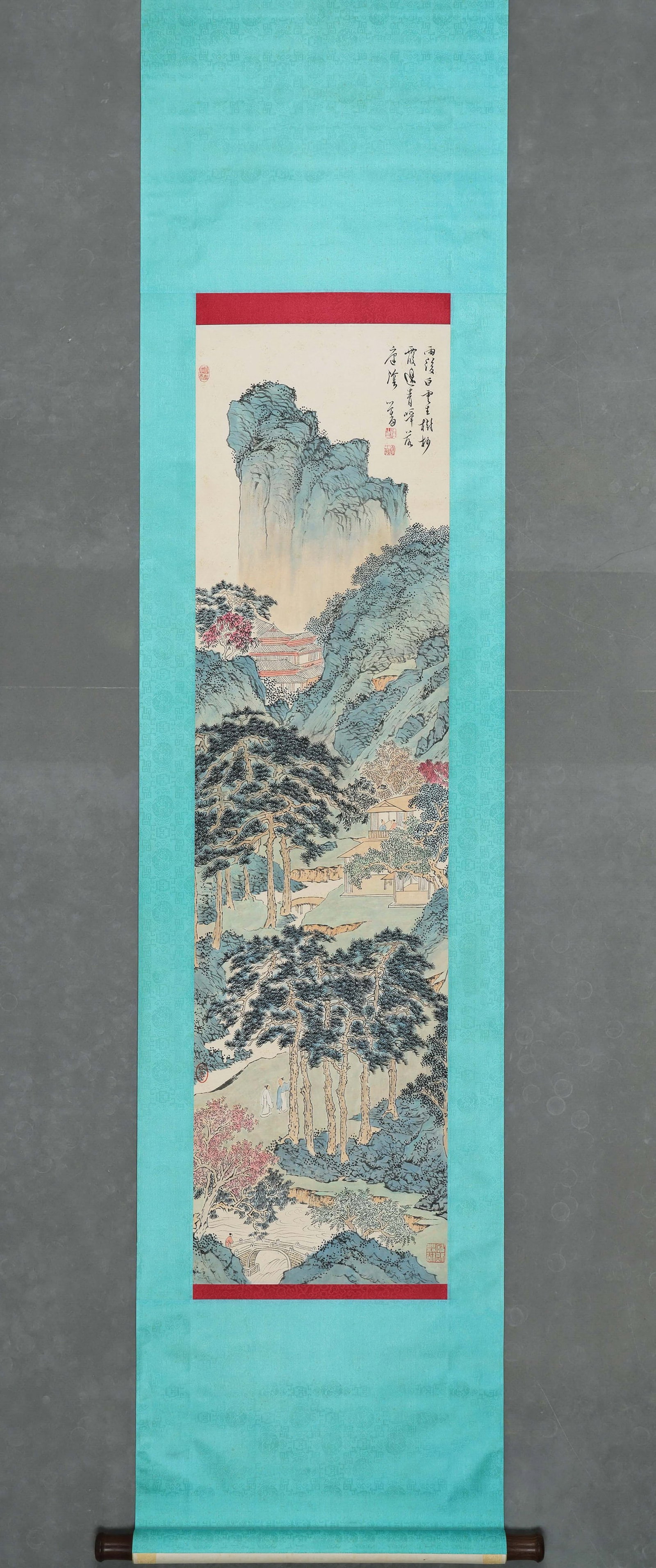 PU RU, ATTRIBUTED TO, MOUNTAIN LANDSCAPE AFTER RAIN, HANGING SCROLL: Attributed to Pu Ru. Ink and color on paper, hanging scroll, depicting mountains after rain with cliffs, pines, streams, bridges, cottages and pavilions. The work bears a seven-character poem inscript