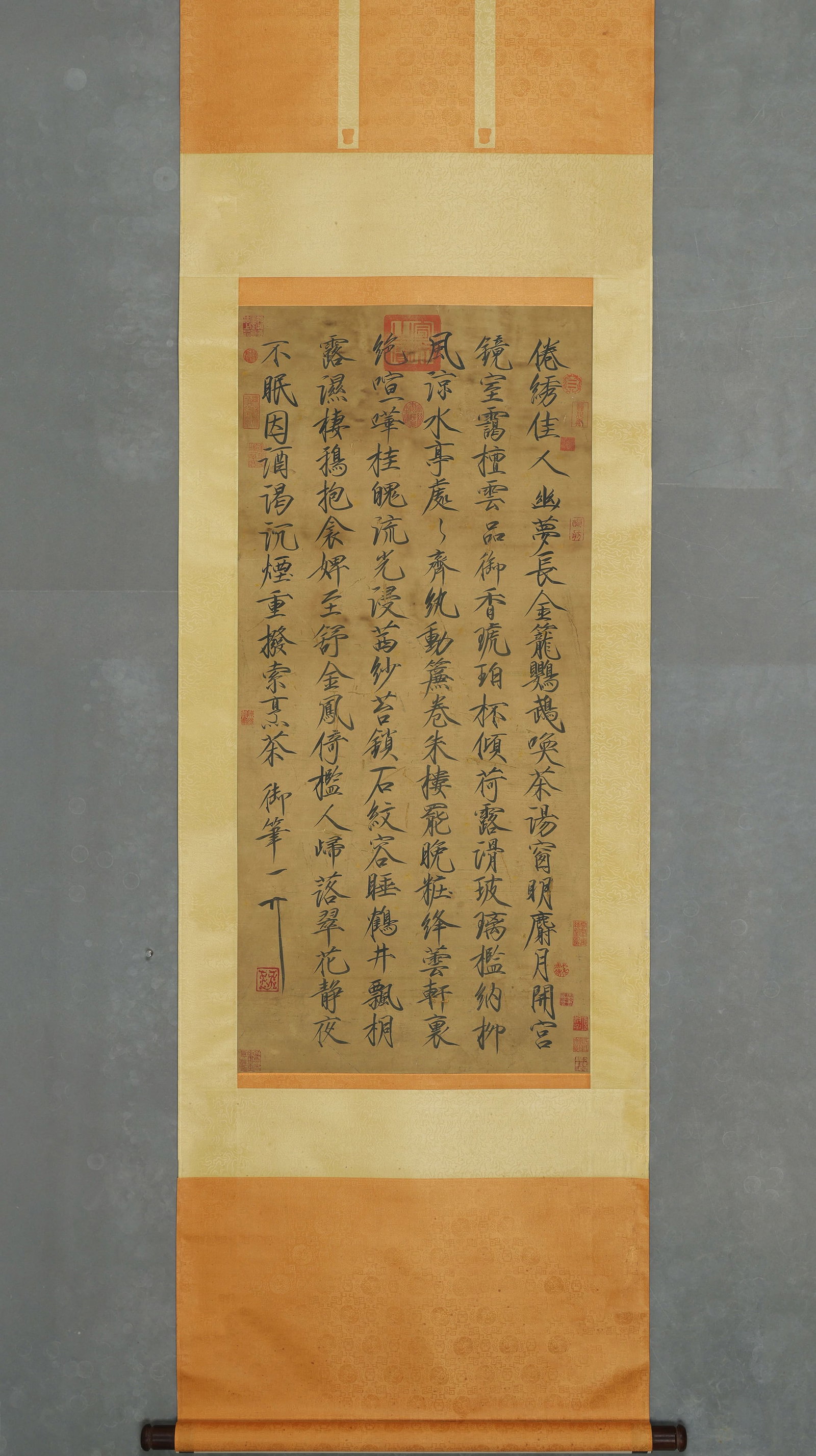 EMPEROR HUIZONG, ATTRIBUTED TO, SHOUJIN-SCRIPT CALLIGRAPHY, HANGING SCROLL: Attributed to Emperor Huizong. A seven-character poem in Shoujin script on silk, hanging scroll, with multiple collector seals. Dimensions: Image: 110 x 51 cm.