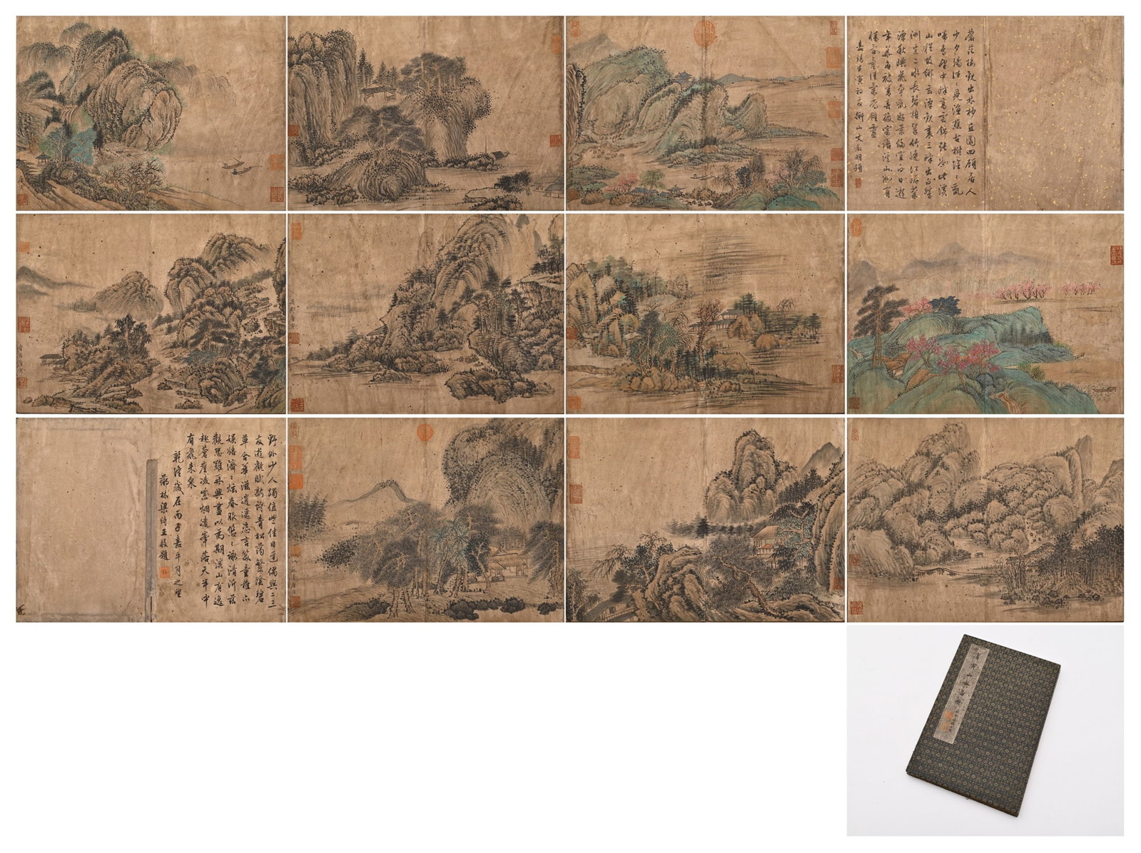 TANG YIN, ATTRIBUTED TO, LIGHT-COLOR LANDSCAPE ALBUM, TWELVE LEAVES: Attributed to Tang Yin. A twelve-leaf landscape album in ink and light color on paper, depicting mountains, lakes and villages. The leaves bear poems, inscriptions and collector seals. Dimensions: 35 
