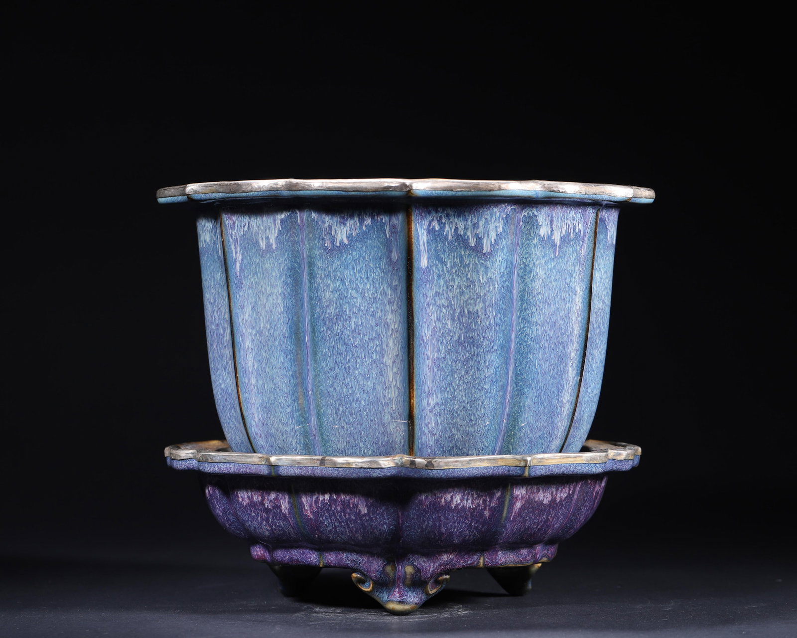 A JUN-TYPE ROSE-PURPLE-GLAZED CHRYSANTHEMUM-FORM JARDINIERE AND STAND (1 of 11)