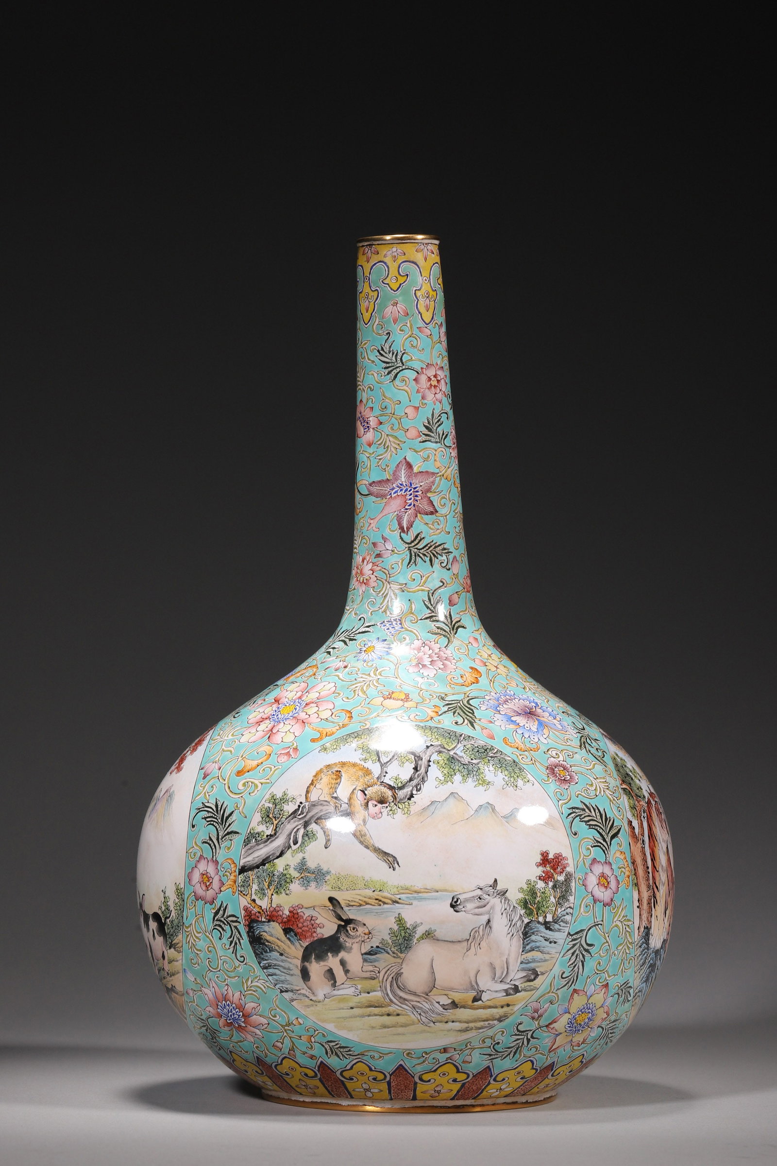 A COPPER-BODY PAINTED-ENAMEL TURQUOISE-GROUND 'TWELVE ZODIAC' BOTTLE VASE (1 of 10)